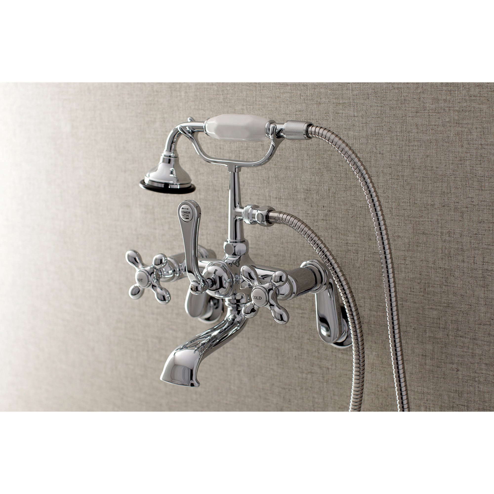 Kingston Brass WLAE58T1 Aqua Vintage Polished chrome 3-handle Wall-mount Low-arc Bathtub Faucet with Hand Shower ( Valve Included )