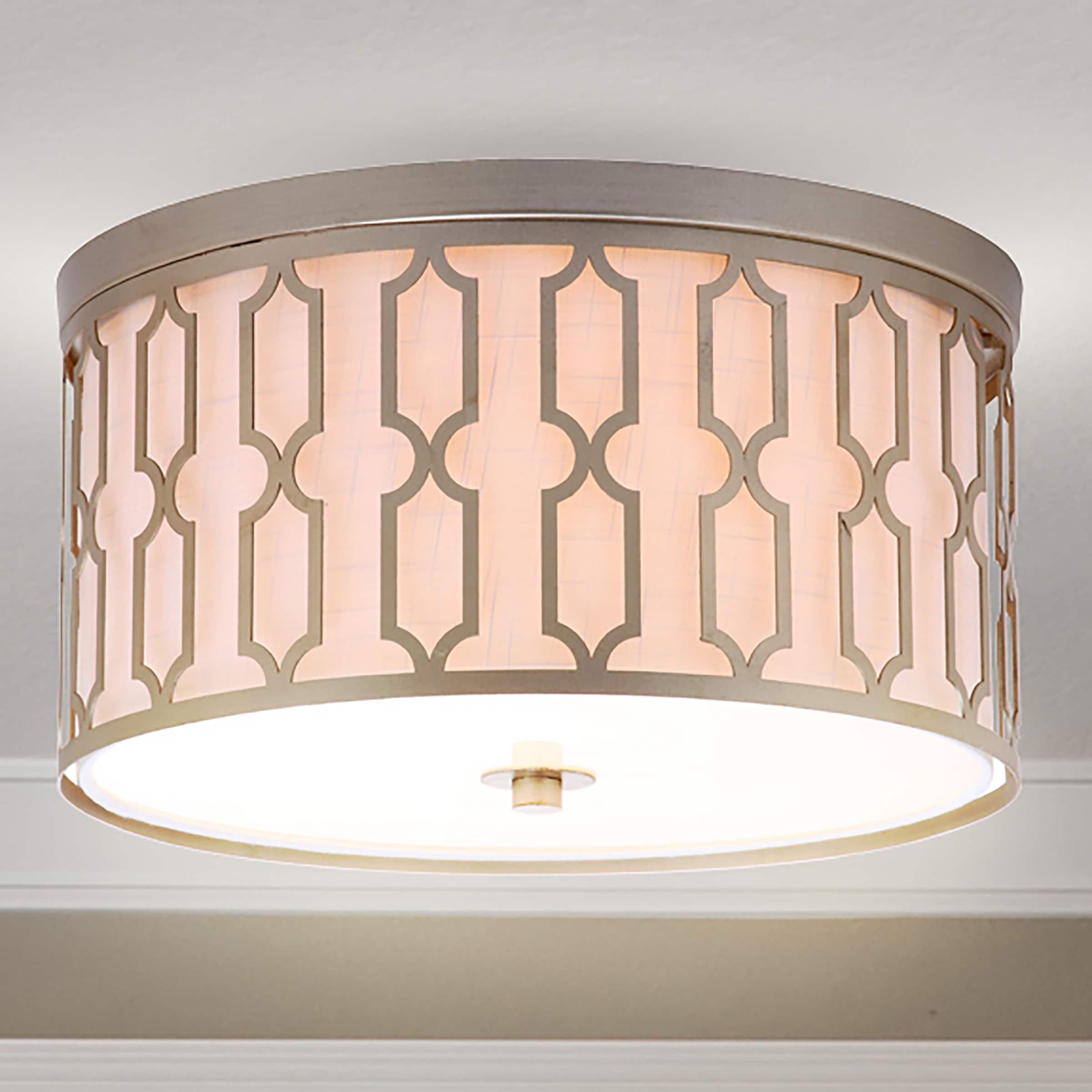 Soft Gold Geometric 3-Light LED Flush Mount with White Linen Shade