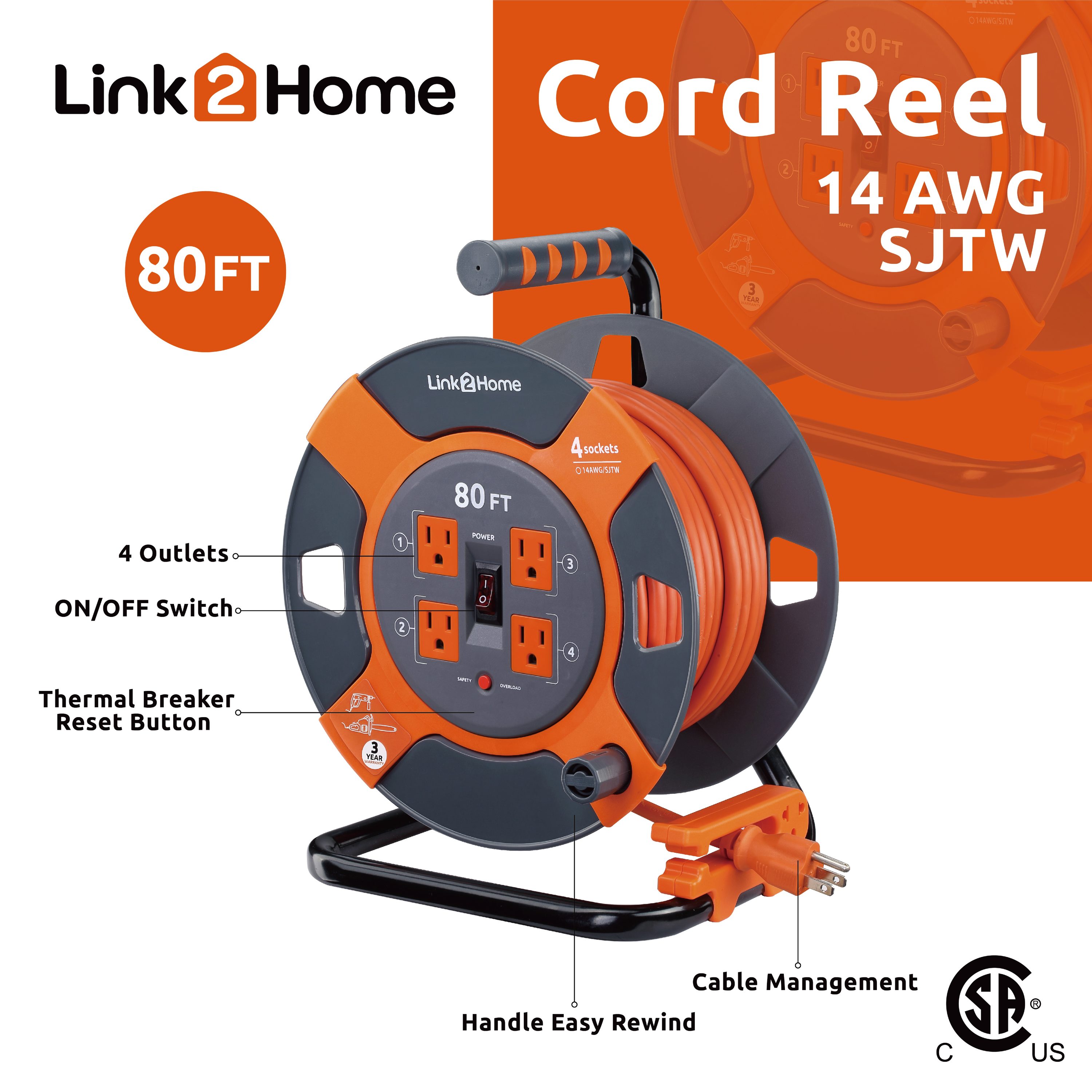 LINK2HOME Cord Reel Power Management 80-ft 14/3 3-Prong Indoor