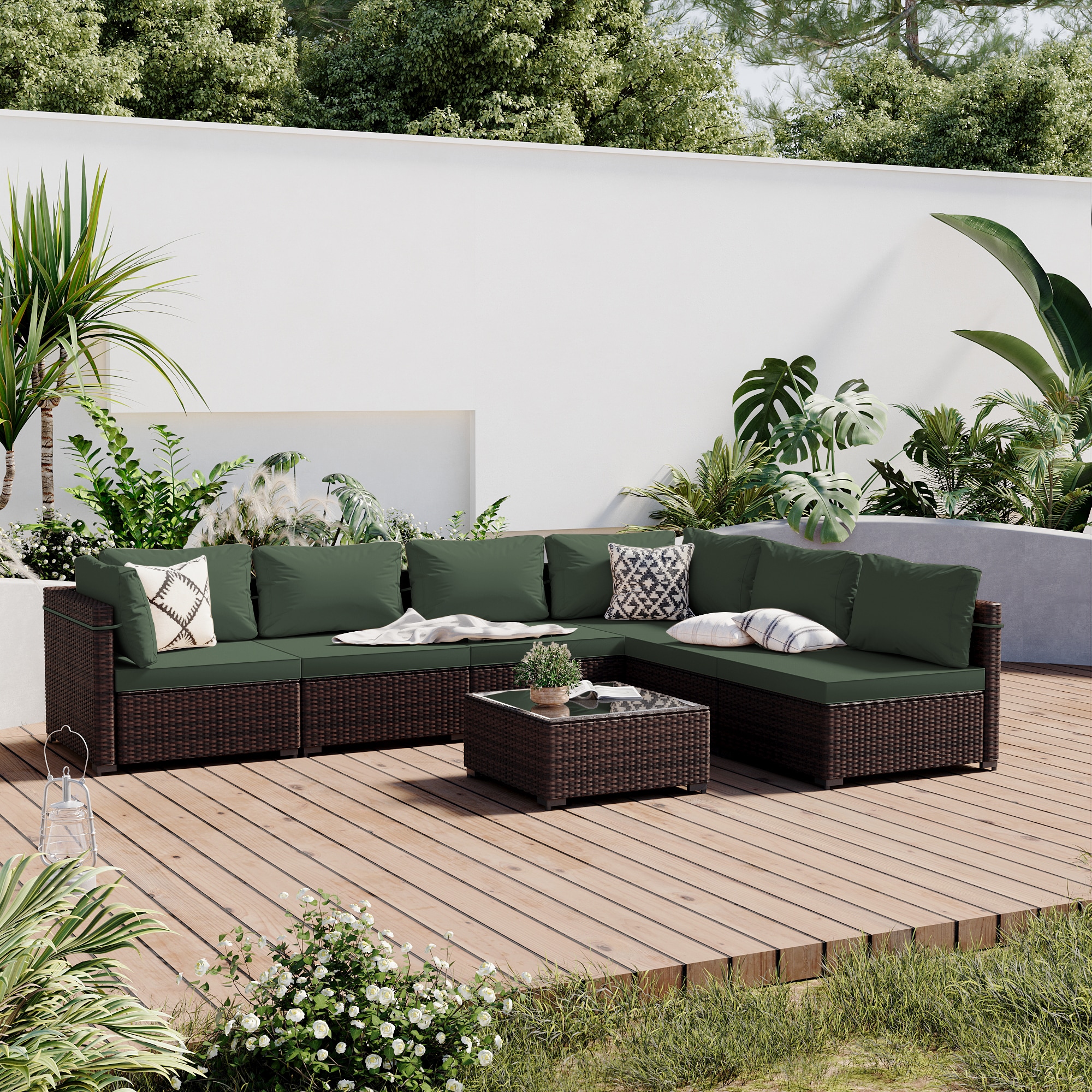 Patio Watcher RT-OD7-B7-3 7 -Piece Rattan Patio Conversation Set with Green Cushions
