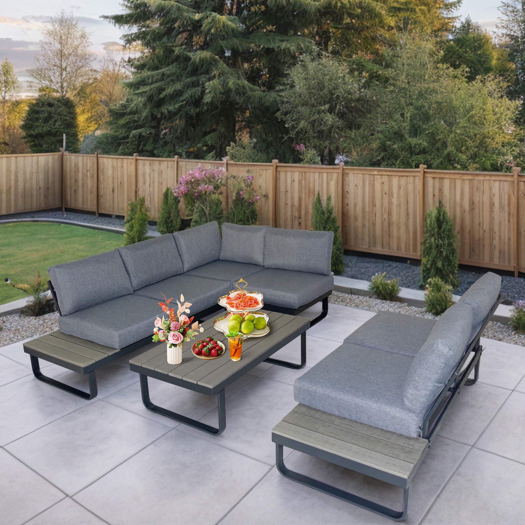 Grearden LANC-WW002-GY Tappio Outdoor Sectional with Gray Cushions and Steel Frame