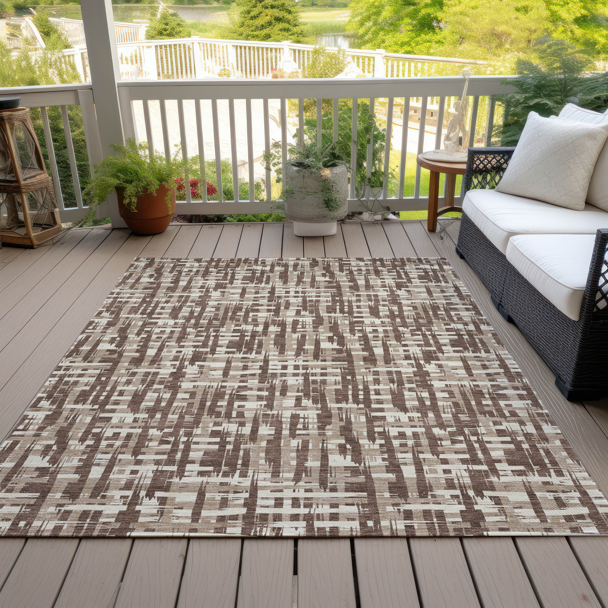Brown and Beige Synthetic Flat Woven Washable Area Rug