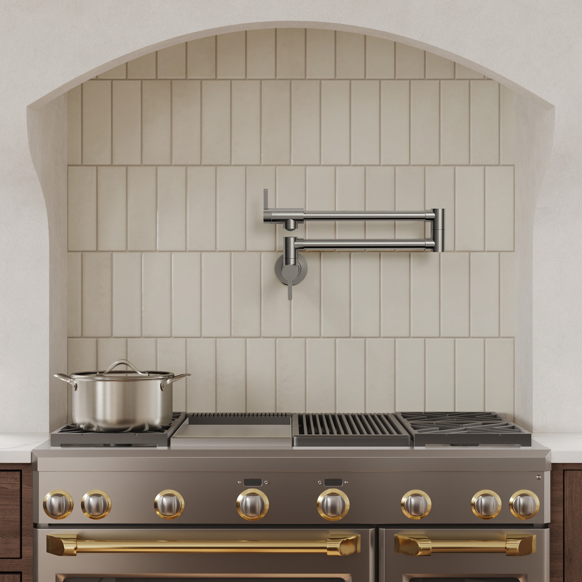 GRANDJOY  26 in. Bass Body Brushed Nickel Wall-Mount 2-Handle Pot Filler Faucet with Dual Swing Arms Spot Resist 1.8 GPM