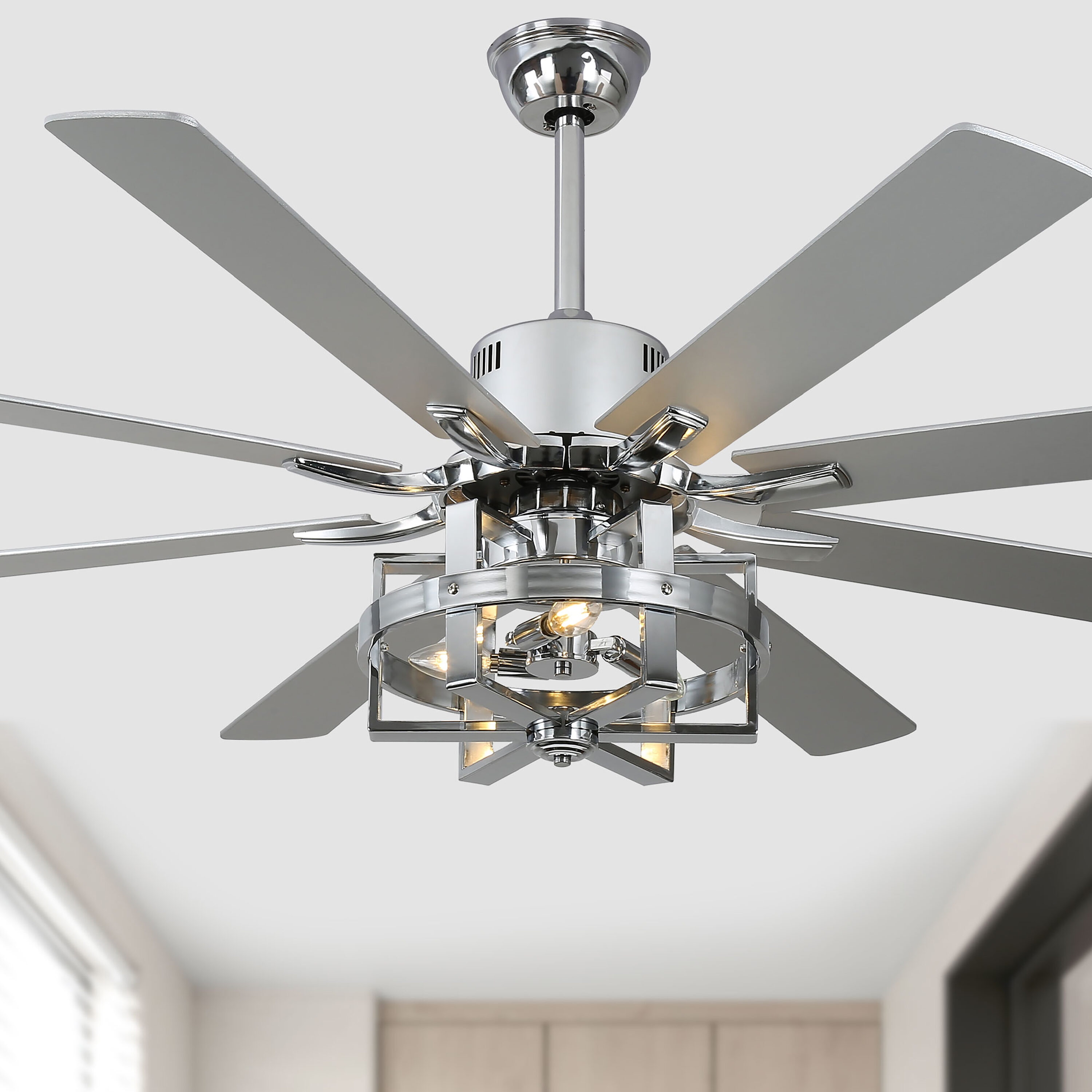 Cusp Barn DC6501-C 65-in Chrome with Wood Blades Propeller Ceiling Fan Without Light - Remote Included ( 8 -Blade )