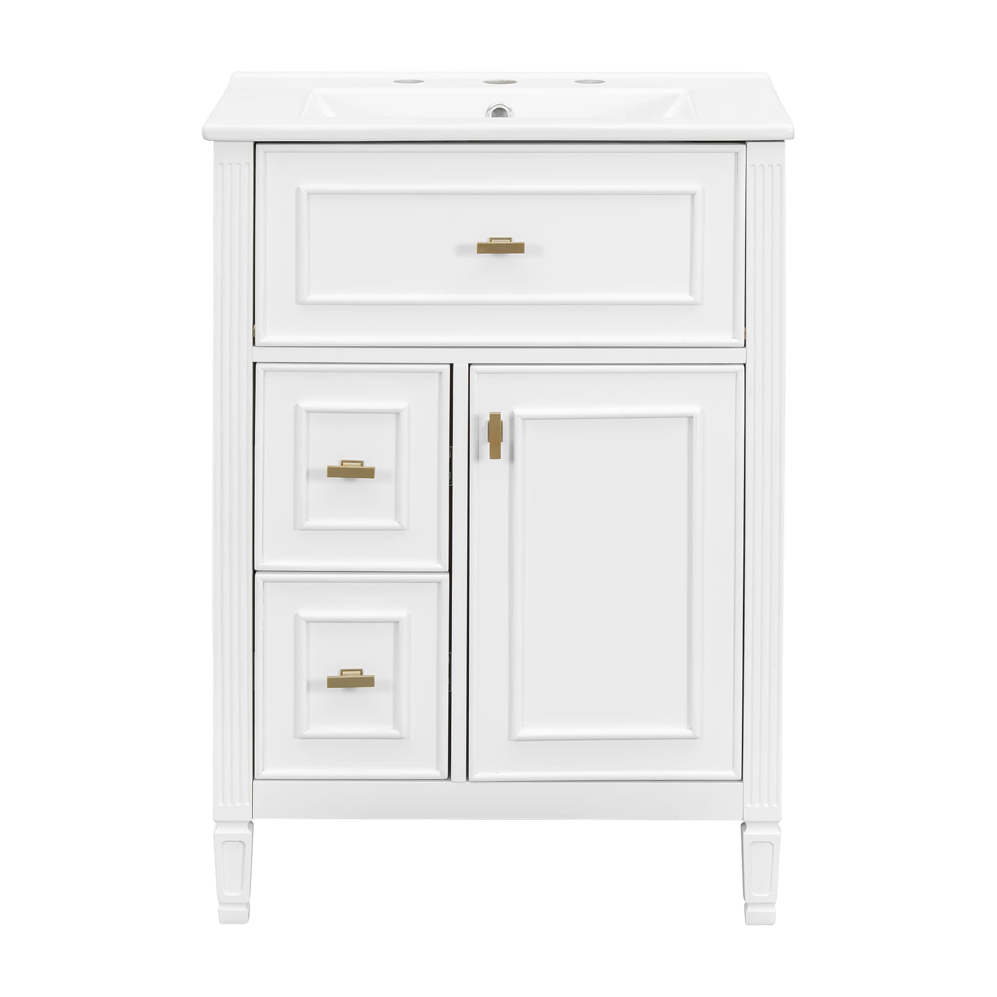 Vynxaria LEXY2000DJGXTYS024 24 Inches 1 Sink Freestanding White Bath Vanity with White Ceramic Top 3 Drawers Cabinet