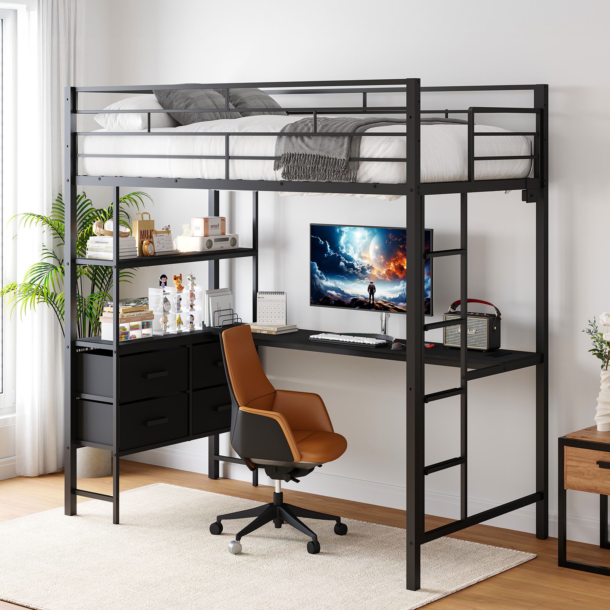 Winado  Black Full Metal Loft Bed Frame With L Shaped Desk 2 Charging Stations Storage Shelves 4 Drawers LED Lights