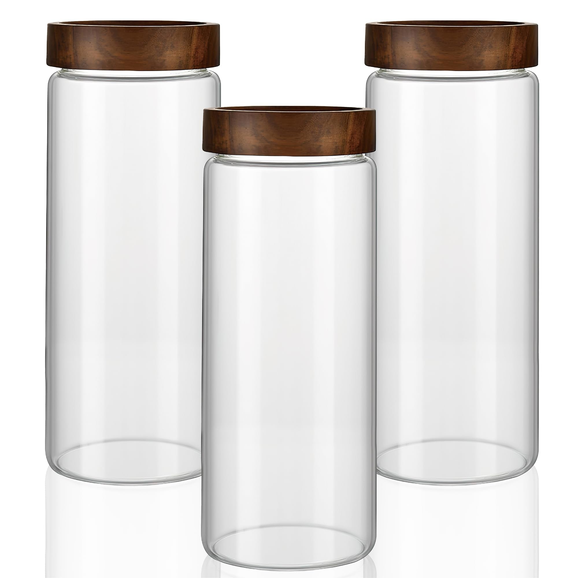 DHMHD 3 Pack 50 oz 1500 ml Clear Glass Storage Canister with Airtight Wooden Screw On Lid Large Tall Decorative Glass Container Jar Set for #LDH0818X164