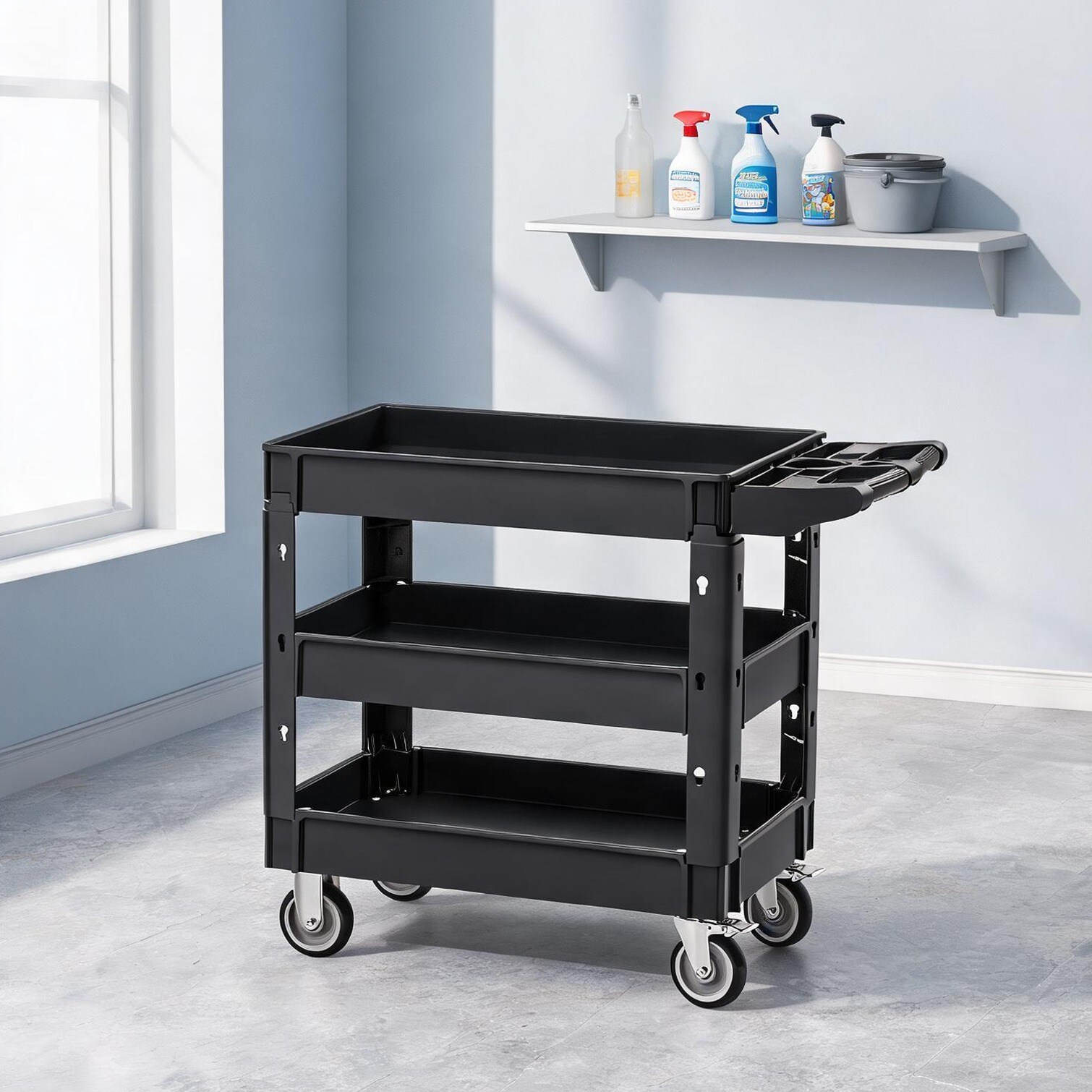 Naturefalls 3-Shelf Plastic Rolling Utility Cart in Sleek Black with Lockable Swivel Wheels #EJZJSJ15215M
