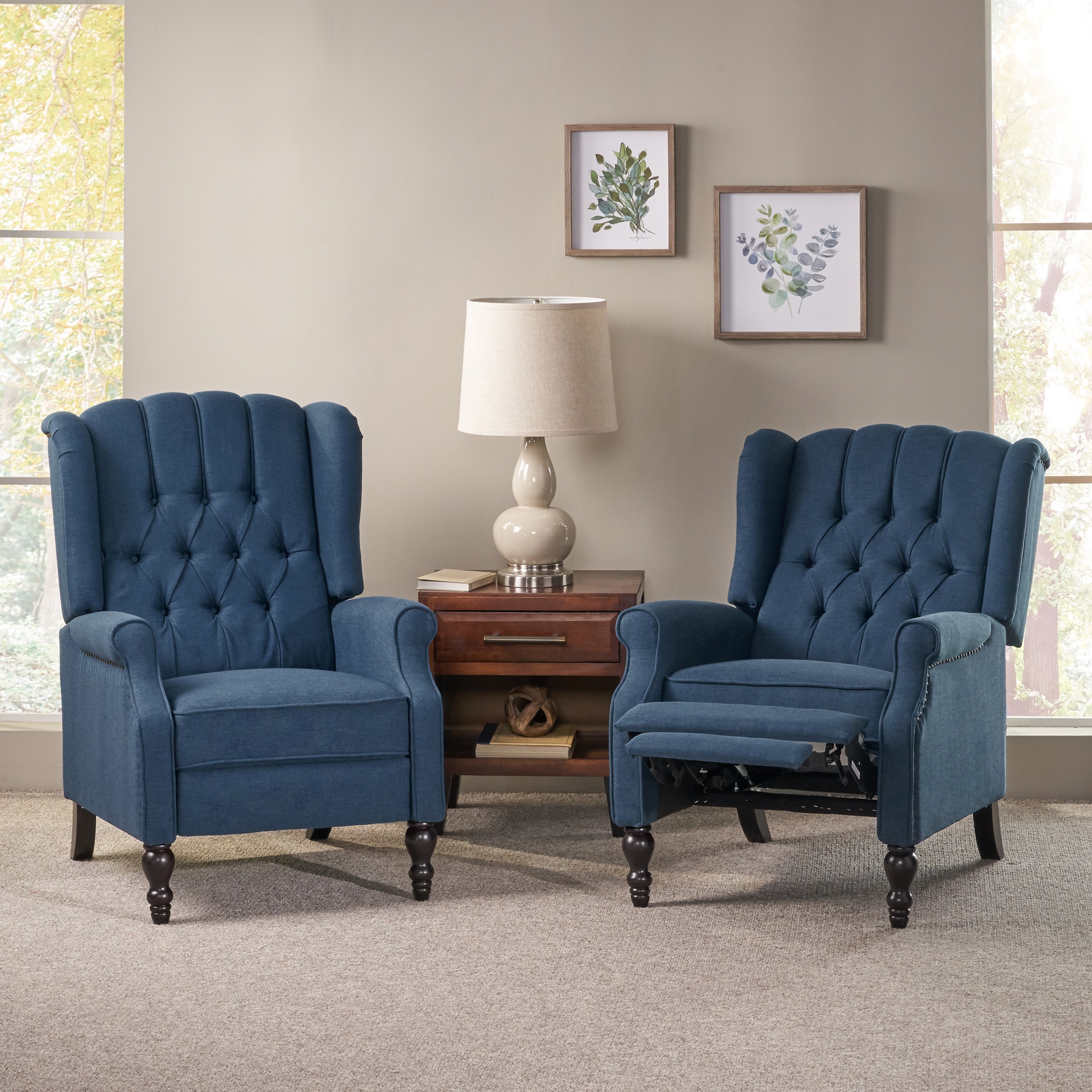Navy Blue Handcrafted Wingback Pushback Recliner with Wooden Accents