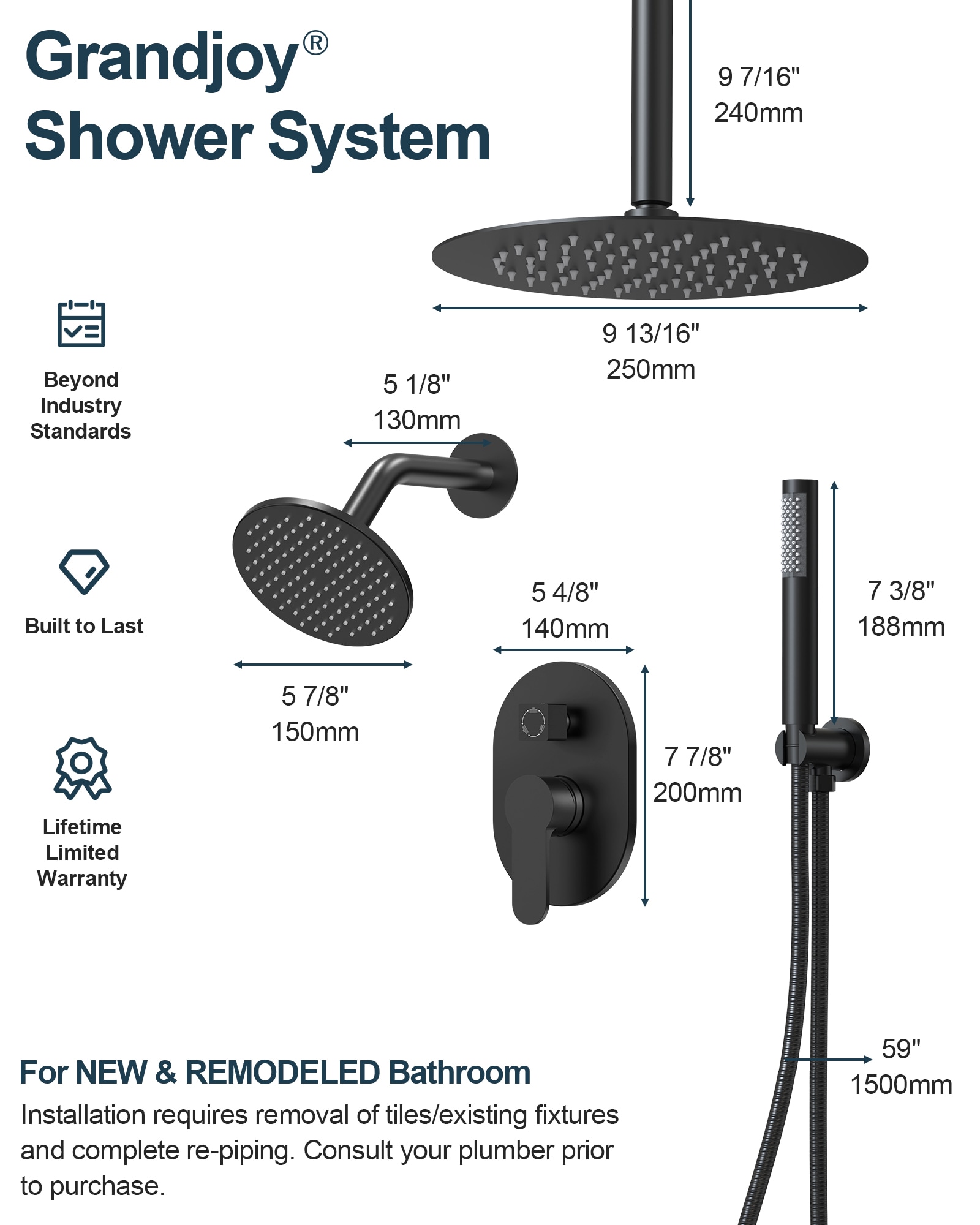 GRANDJOY FL2558-MB Tub-Shower-Faucets - View #11