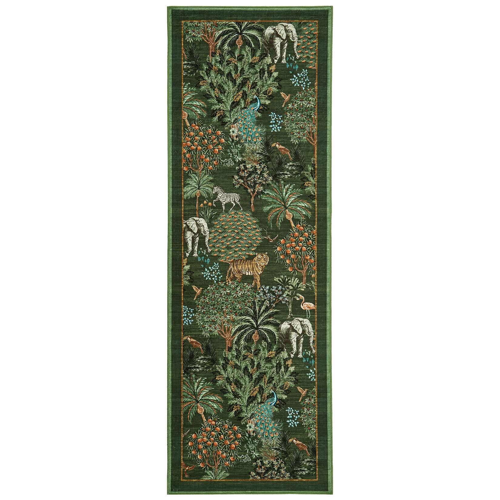 Qeetex LSN-PHK-34TRAYYR 2 x 6 ft Polyester Cashmere Dark Green Rectangular Hallway Bathroom Entryway Kitchen Office Foldable Jungle Printed Modern Washable Area