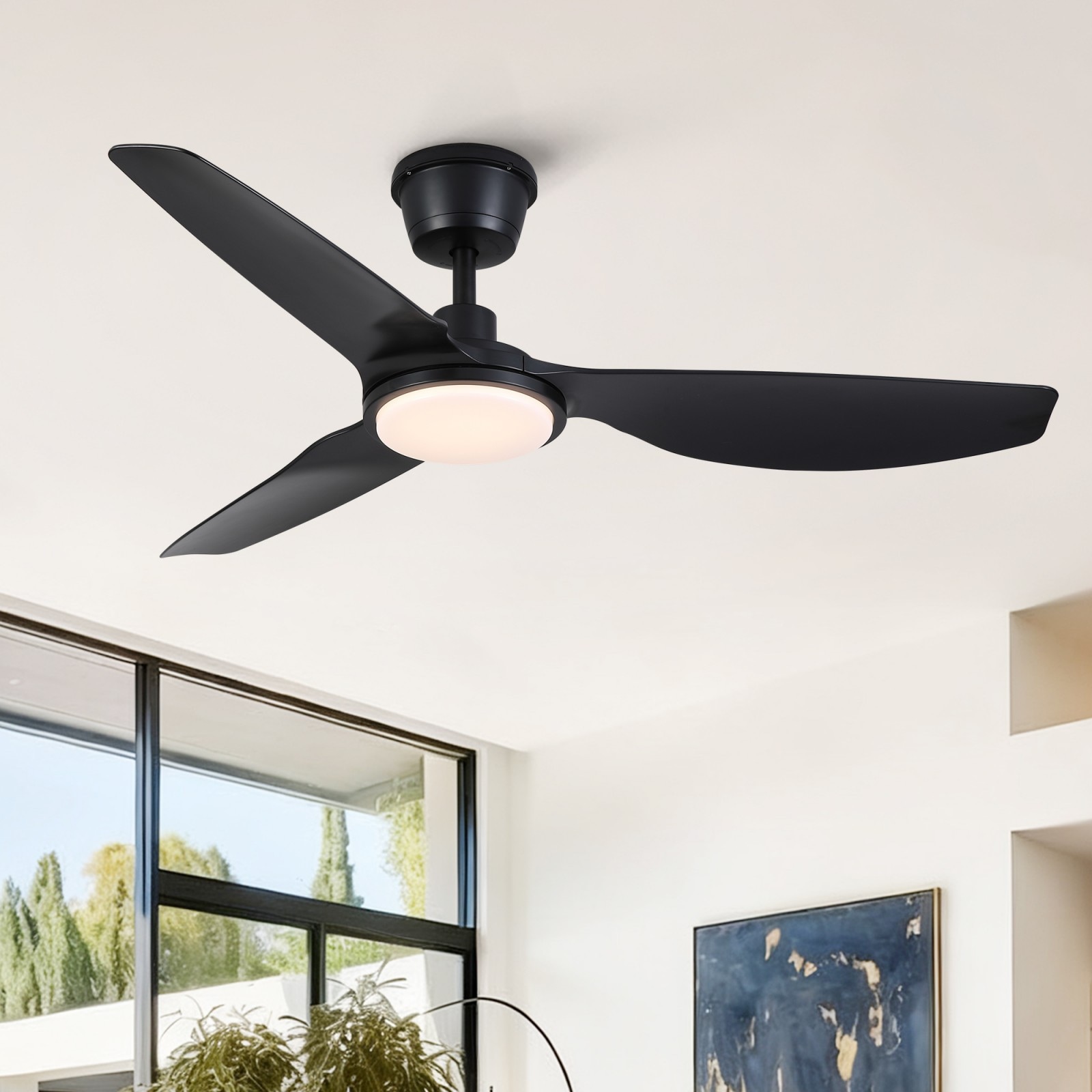 GlasFlength  52-Inch Modern Outdoor Waterproof Black Ceiling Fan With Light Quiet DC Motor Durable Construction For Patio Porch Use Outdoor Spaces