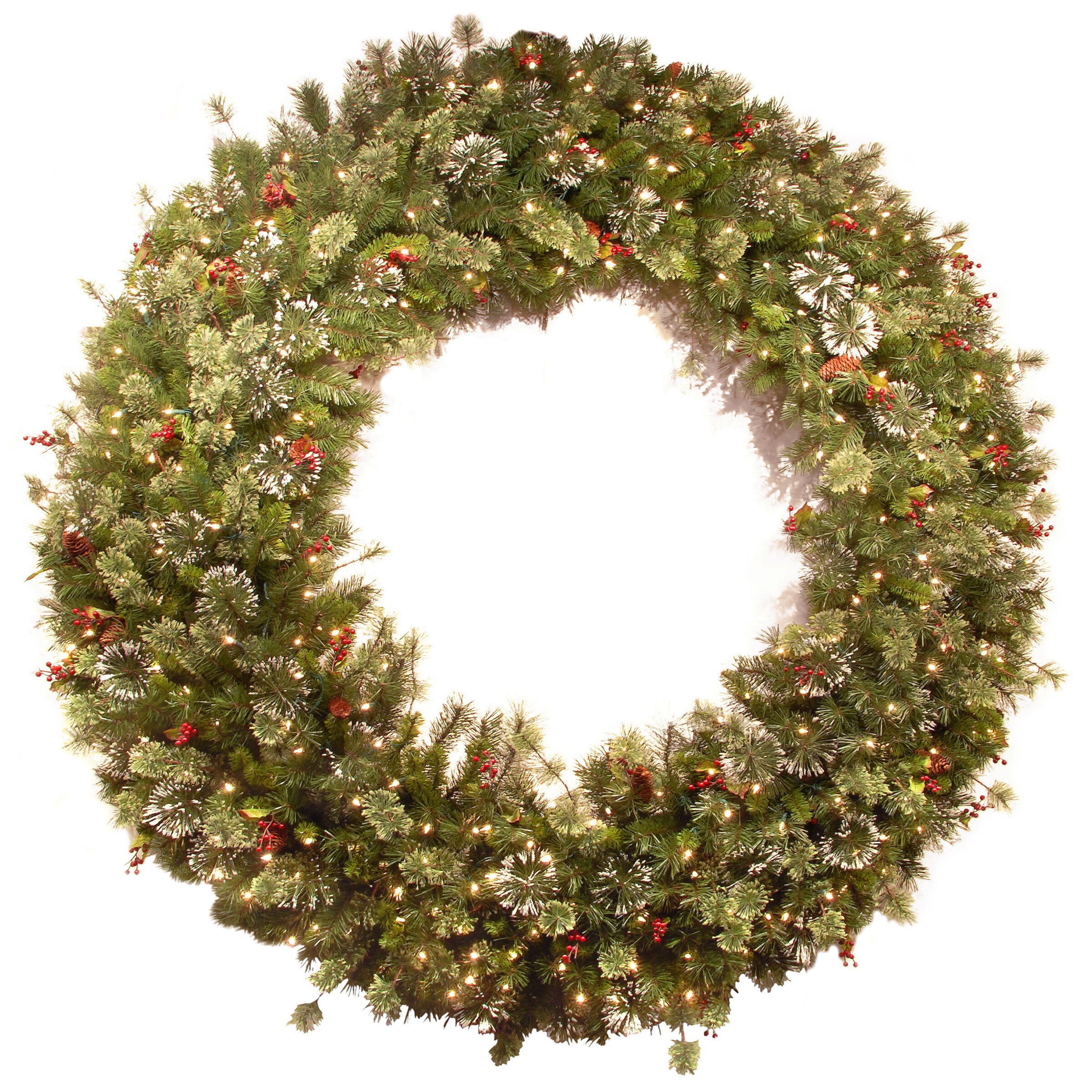 National Tree Company WP1-300-60W 60-in Flocked Pre-lit Indoor/Outdoor Green Pine Artificial Christmas Wreath