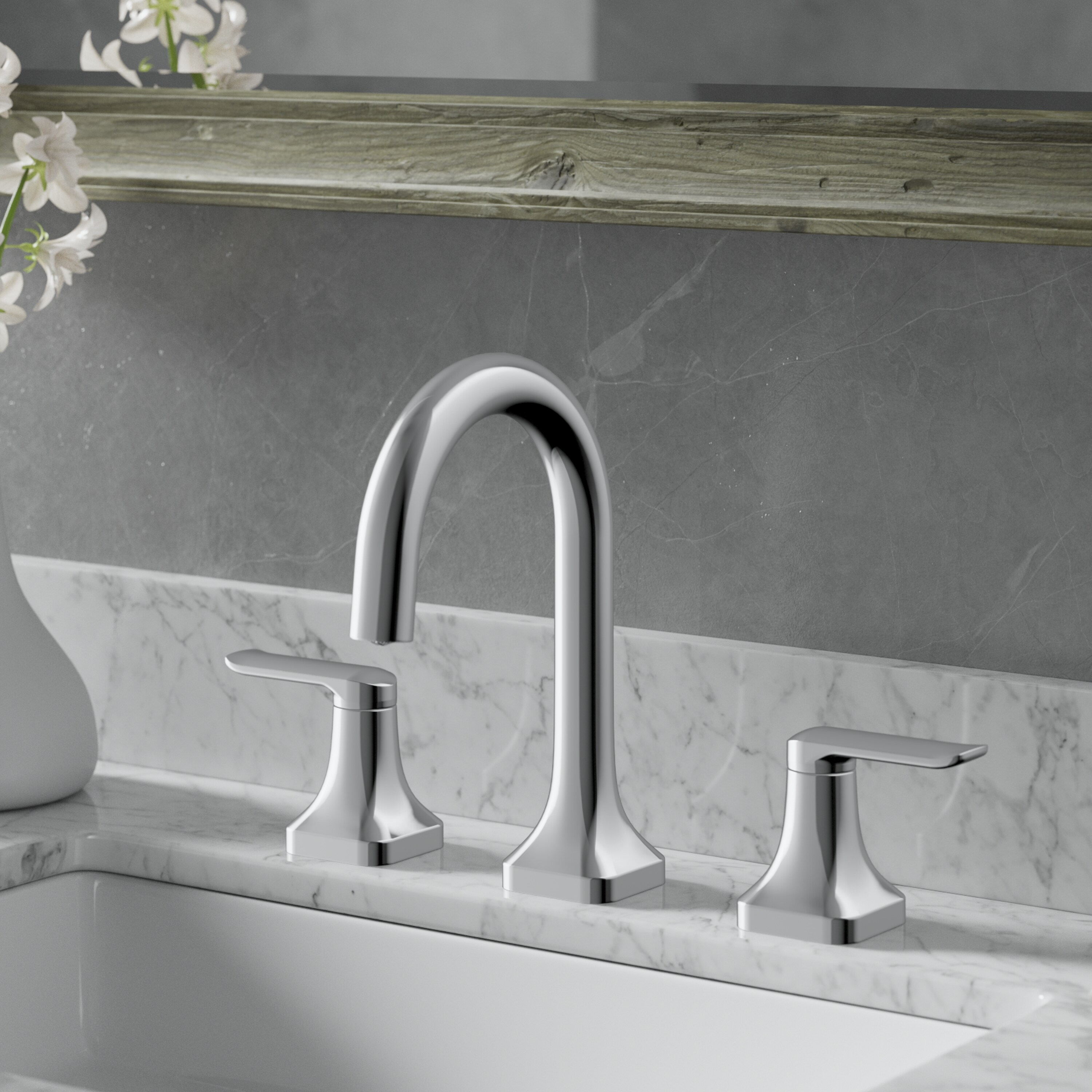 allen + roth FW6AC037CP Dunmore Chrome Widespread 2-handle WaterSense High-arc Residential Handle Bathroom Sink Faucet with Drain