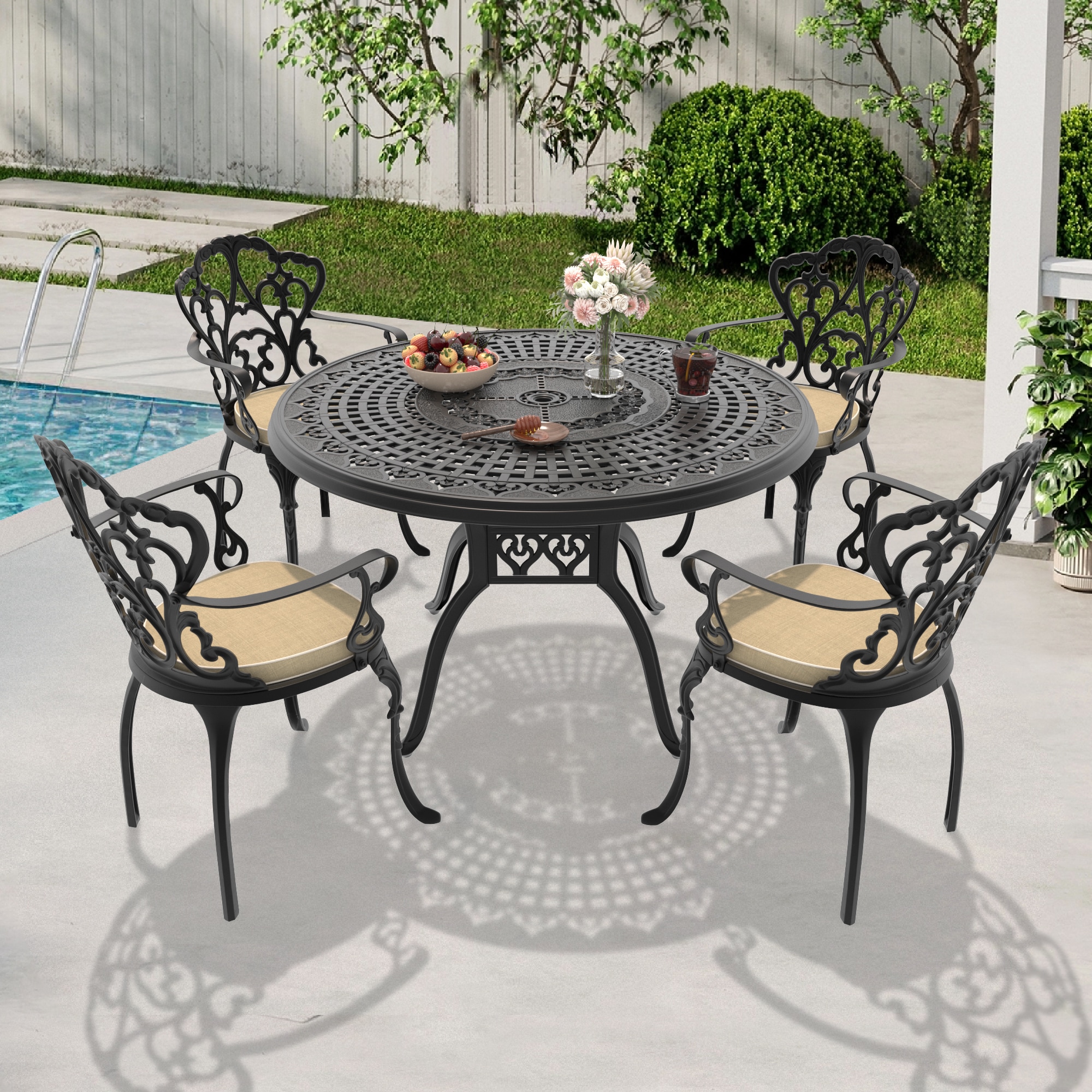 nicesure SLBK6047CZ4A1114RC 5 -Piece Black Patio Dining Set Aluminum Round Table with 4 Cushions Stationary Chairs