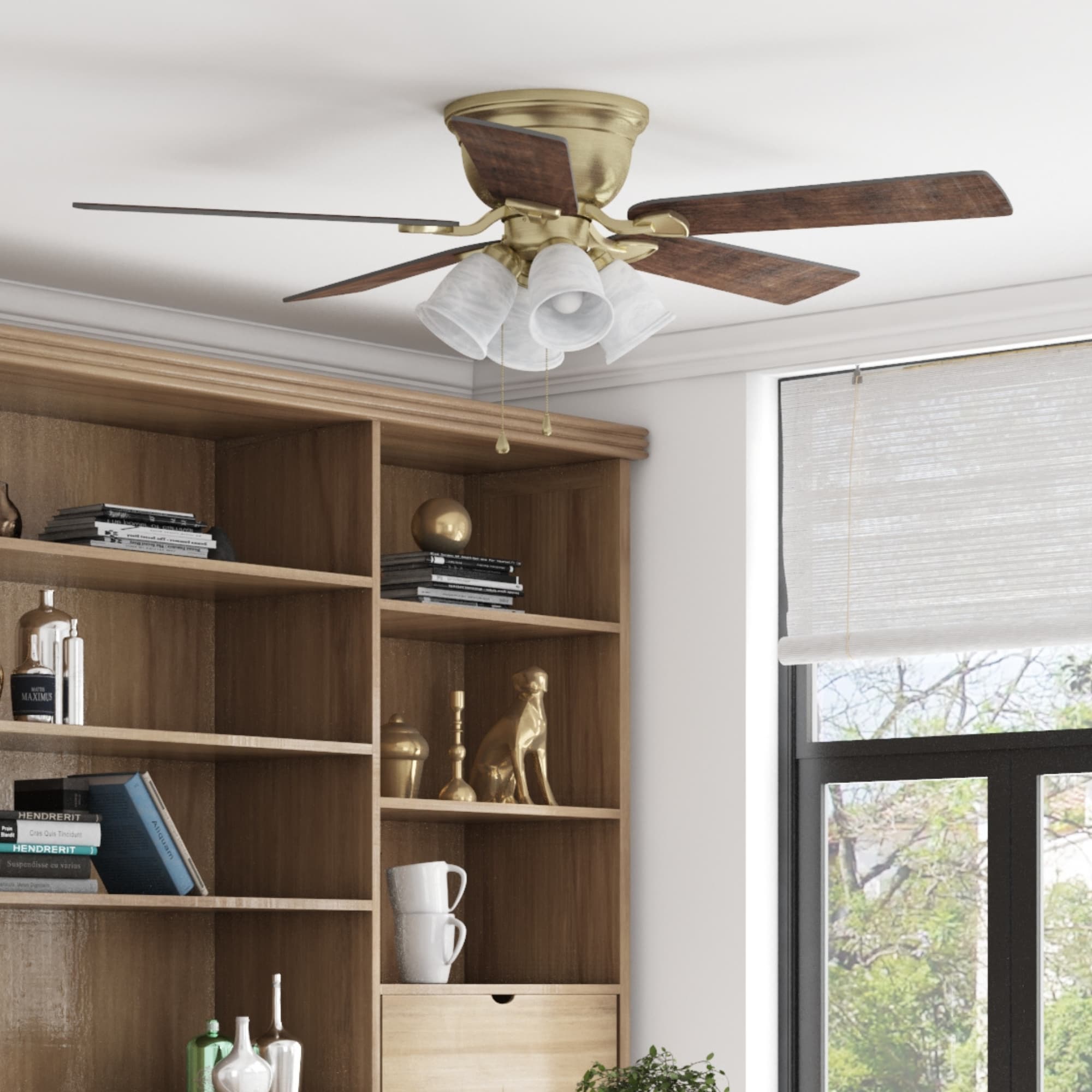 Harbor Breeze 40704 Centreville 52-in Flush Mount Antique brass with Auburn/mink Blades Ceiling Fan With Light ( 5 -Blade )
