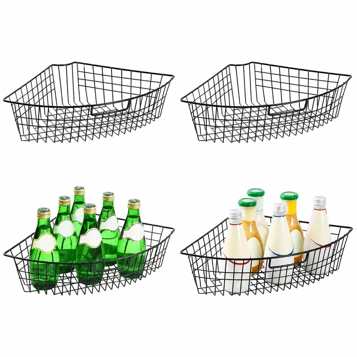 UUDULY  Lazy Susan Wire Storage Organizer Basket with Handle Metal Cabinet Bin for Kitchen Corner Cabinet 24 Inch Wedge Shape Can Organizer Black