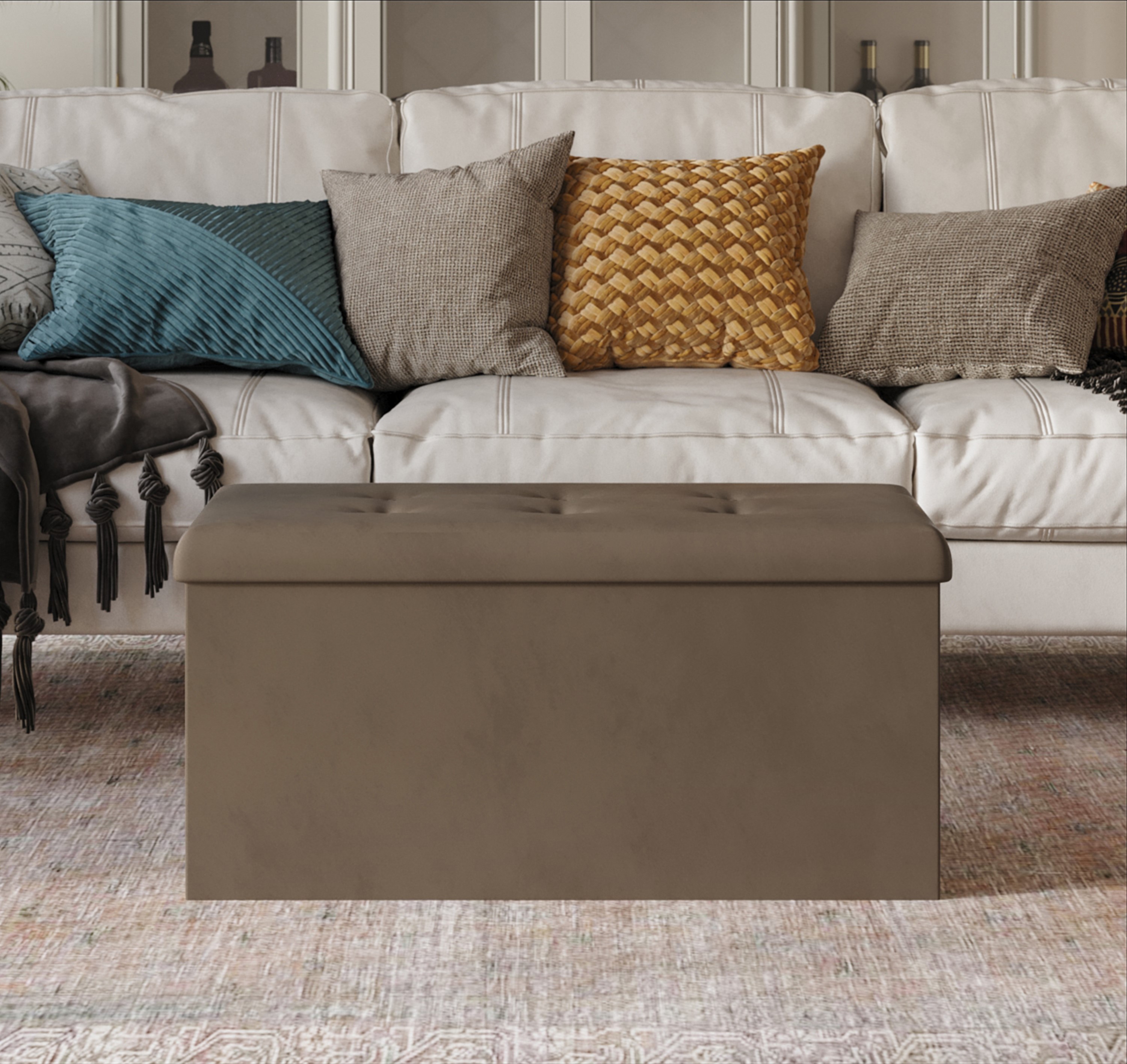 Home Design 10019B-011 Florence Modern Suede Brown Storage Bench with Storage 30.3-Inches x 15.2-Inches x 14.6-Inches
