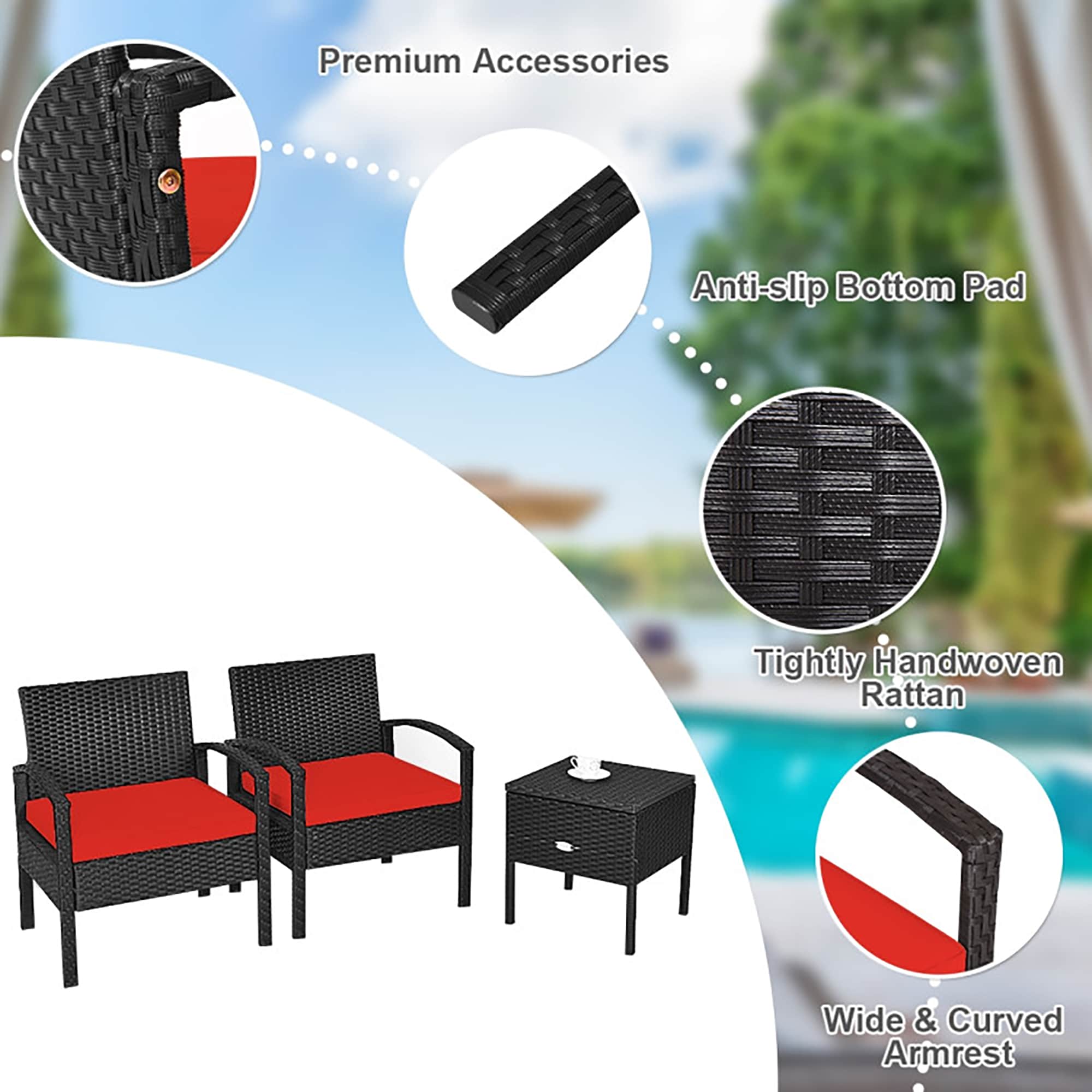 Red Cushioned Black Rattan 2-Person Patio Conversation Set