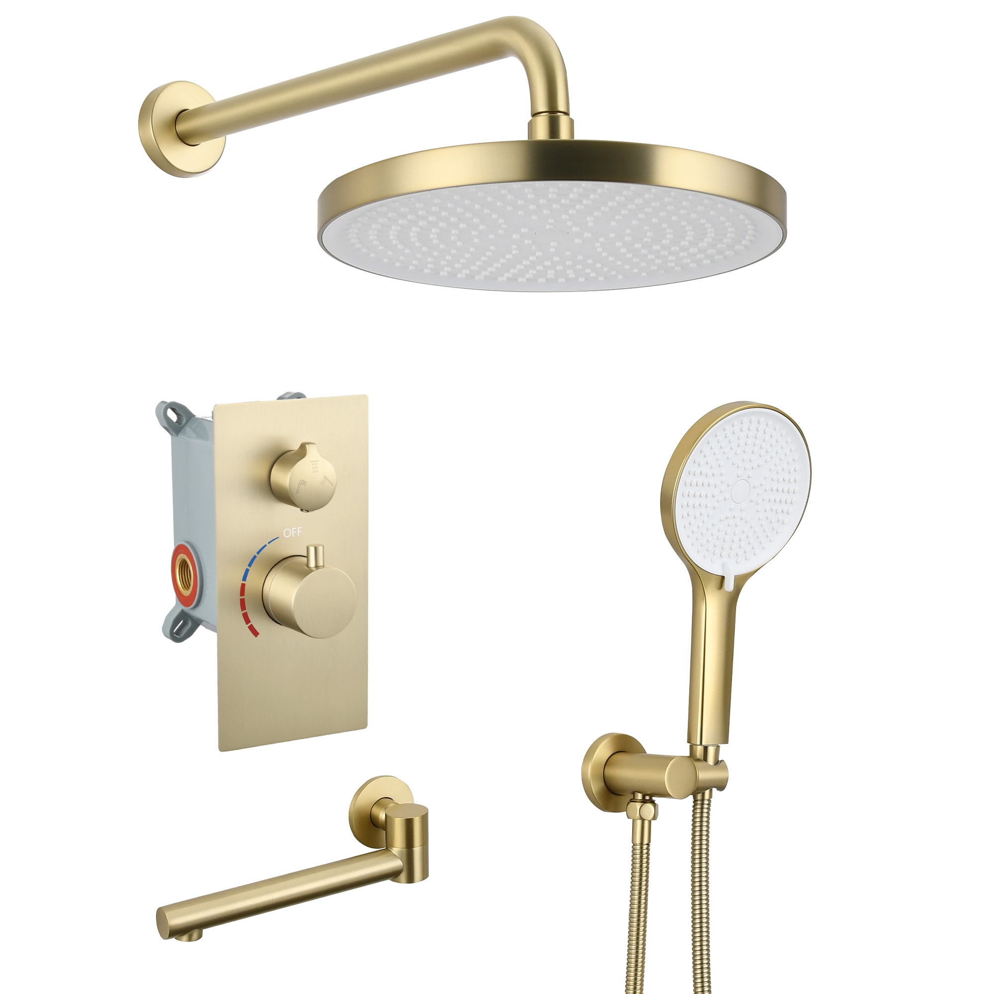 WELLFOR SPA-88003BG 10-inch Wall Shower System Brushed Gold 10-in Waterfall Built-In Shower Faucet System with 3-way Diverter ( Ceramic Disc Valve Included )