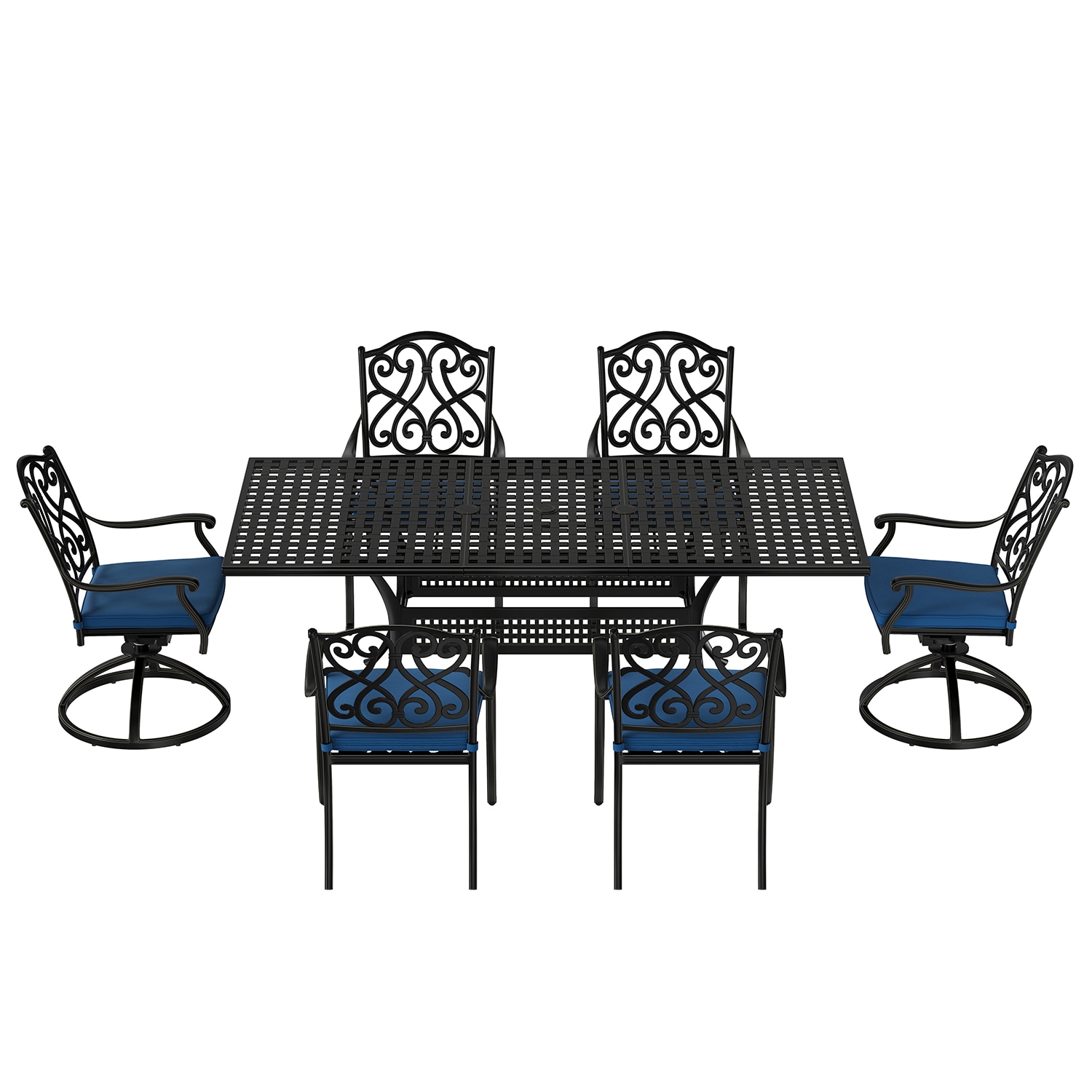 Mondawe MO-LDS80DZY-BU 7 -Piece Black Patio Dining Set Extendable Table Aluminum Rectangle Table with 6 Blue Cushions Stationary Chairs