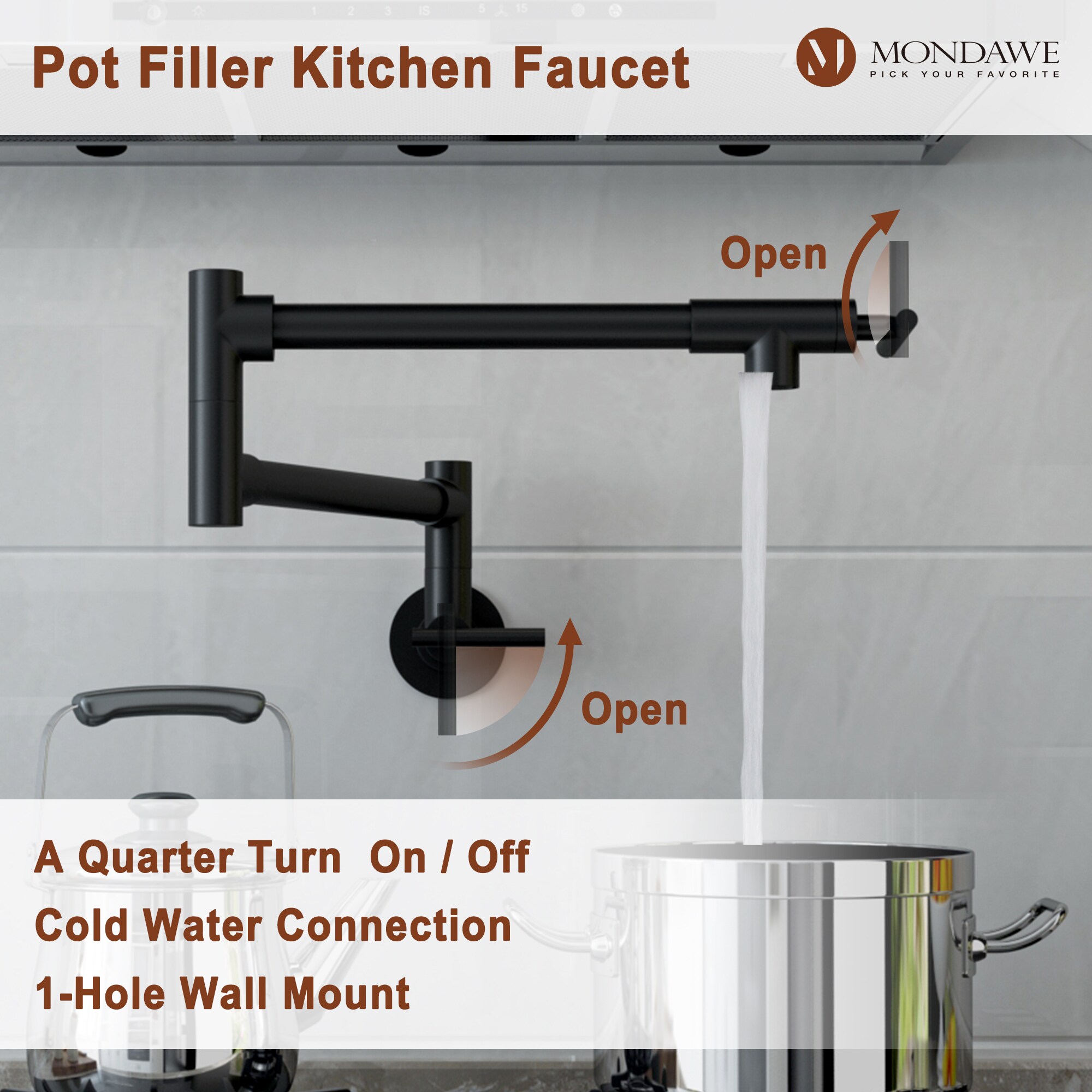 Mondawe Matte Black Double Handle Wall-mount Pot Filler Kitchen Faucet