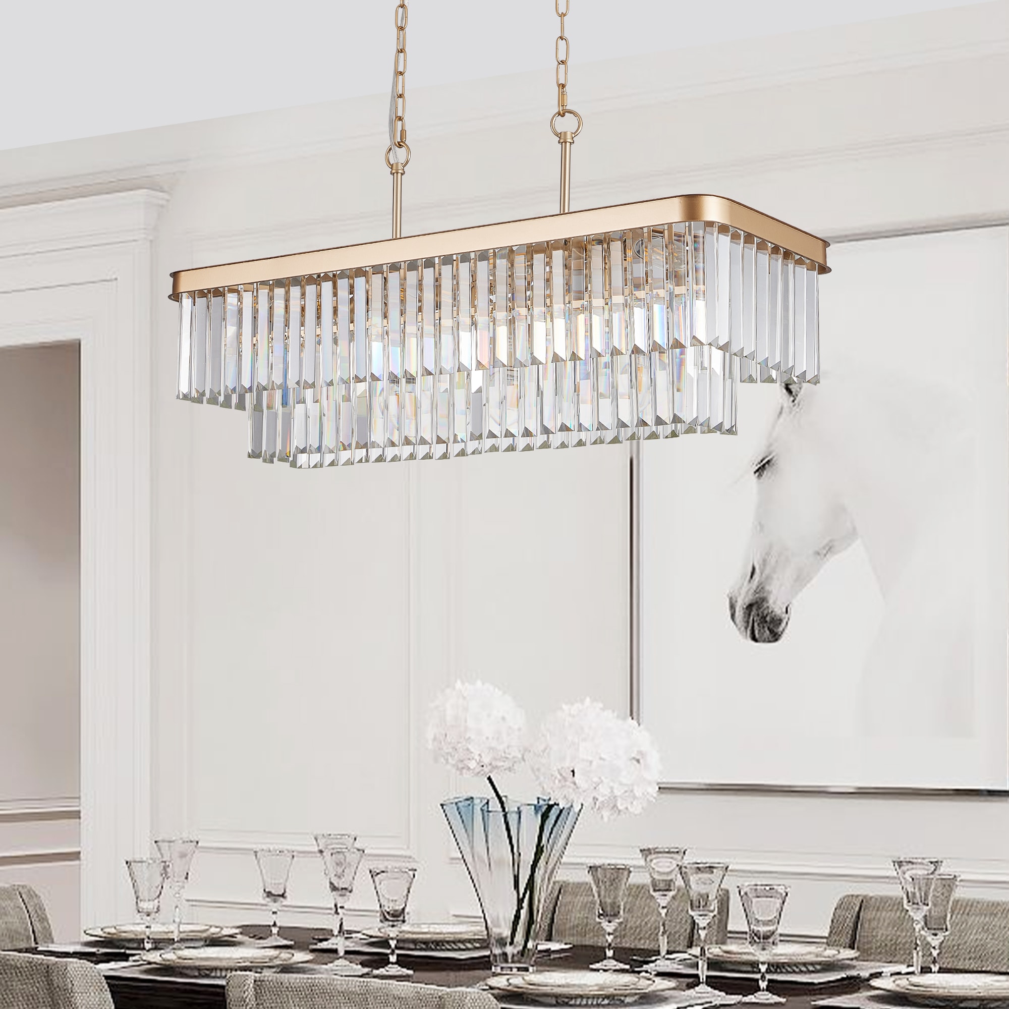 Tenleaf 33.50in Rectangular Crystal Chandelier Adjustable Farmhouse Iron Ceiling Hanging Light for Kitchen Living Room Bedroom Gold(Bulb Not Included)
