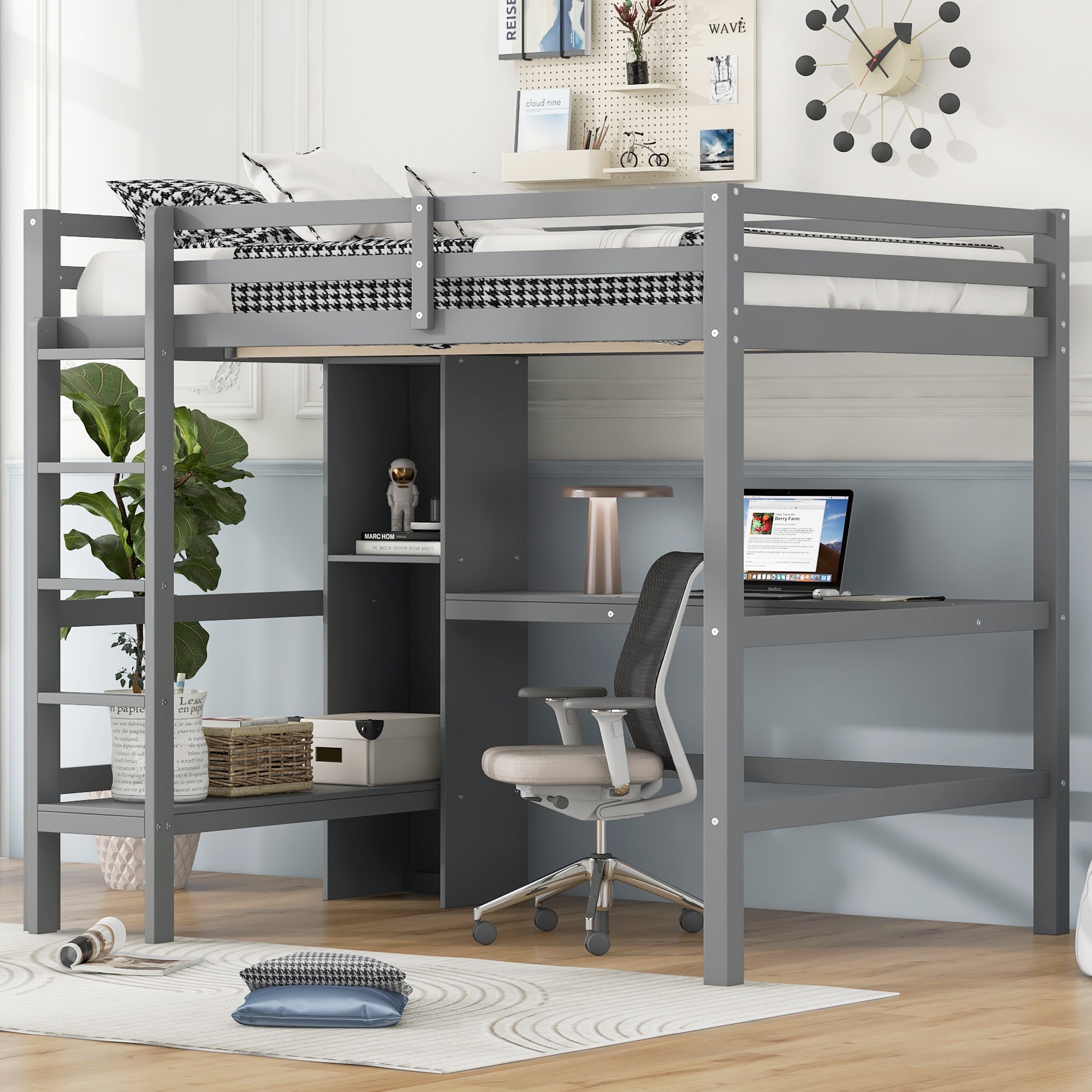 ModernLuxe L3P-N7090005004E Full Size Loft Bed with Multifunction Shelves and Underbed Desk Gray
