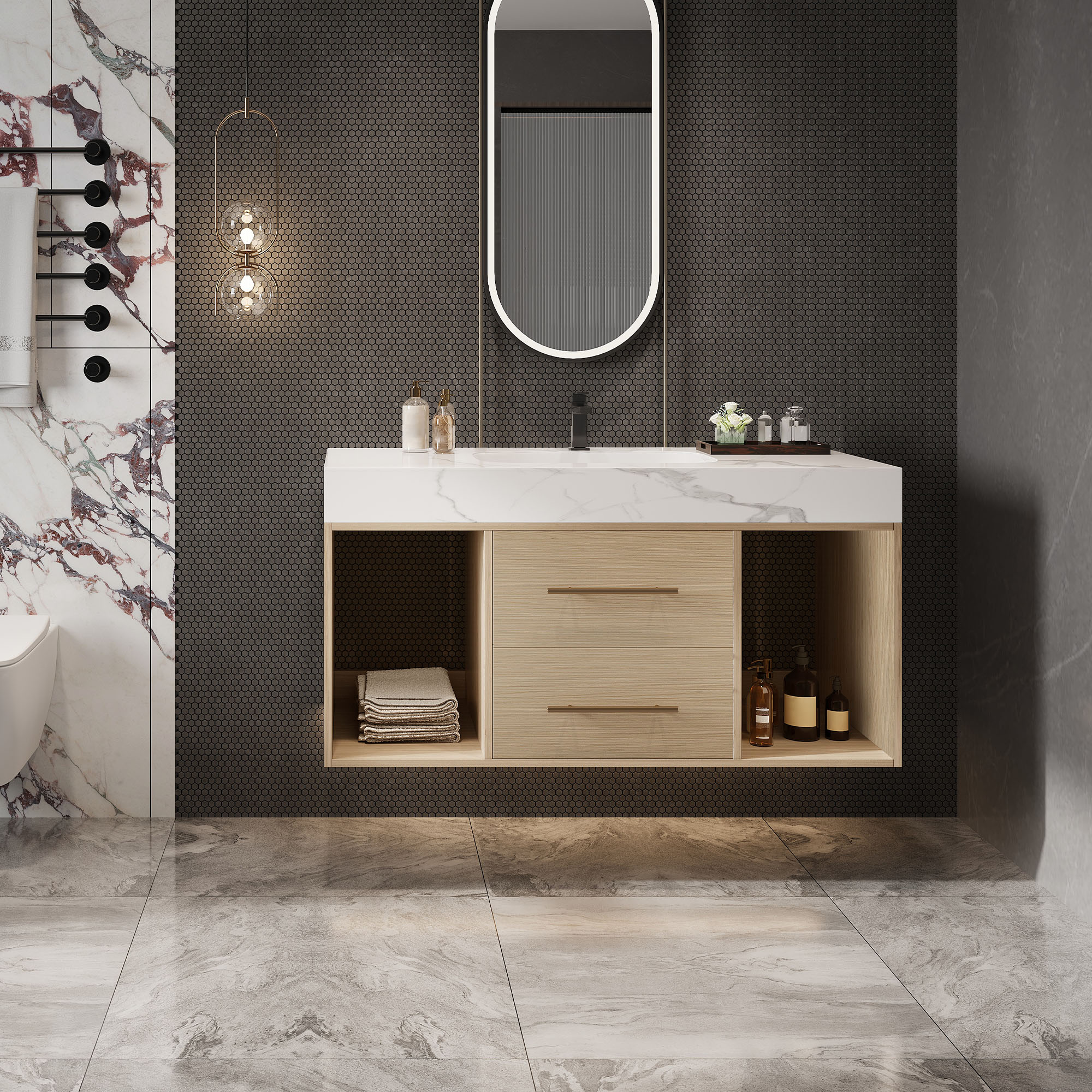 Tinyhomie 39 Floating Bathroom Vanity With Ceramic Sink Wall Mounted Vanity 2 Soft Close Drawer And White Slate Top