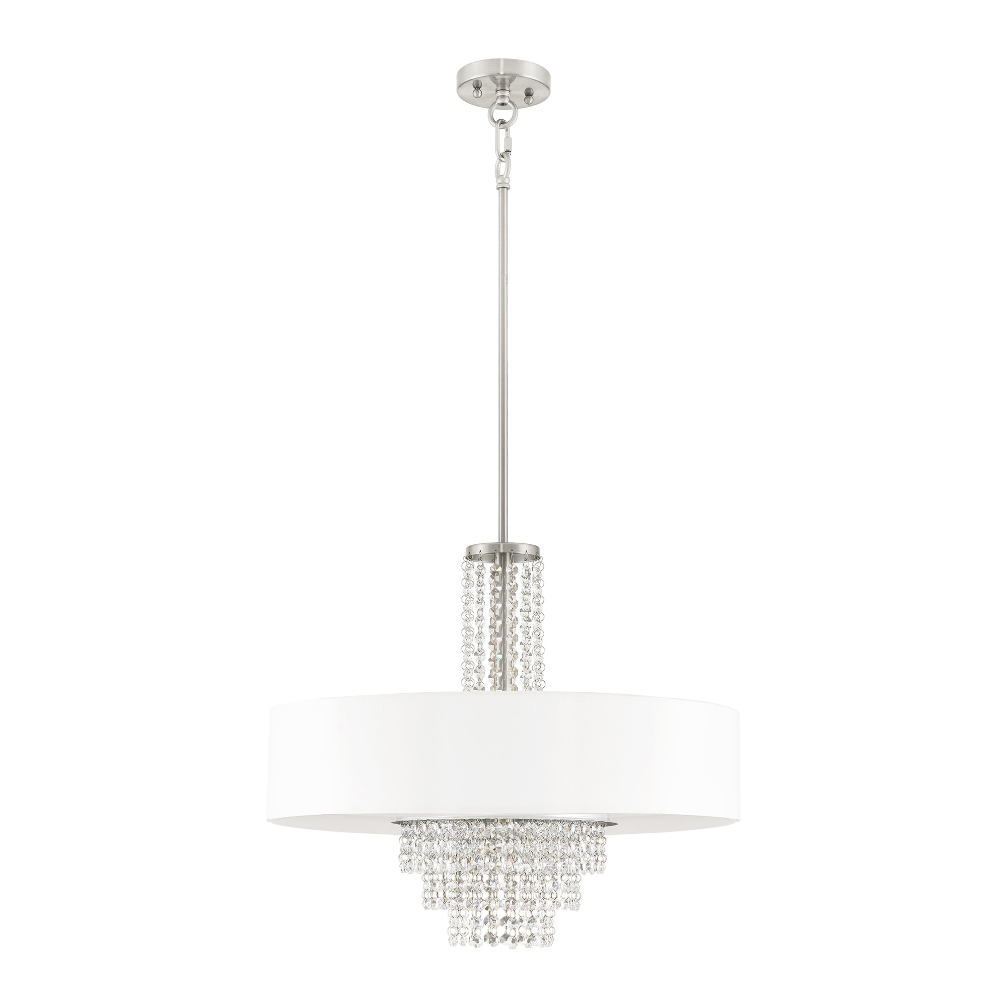 Carlisle Brushed Nickel Drum Pendant with Clear Crystals and Off-White Shade