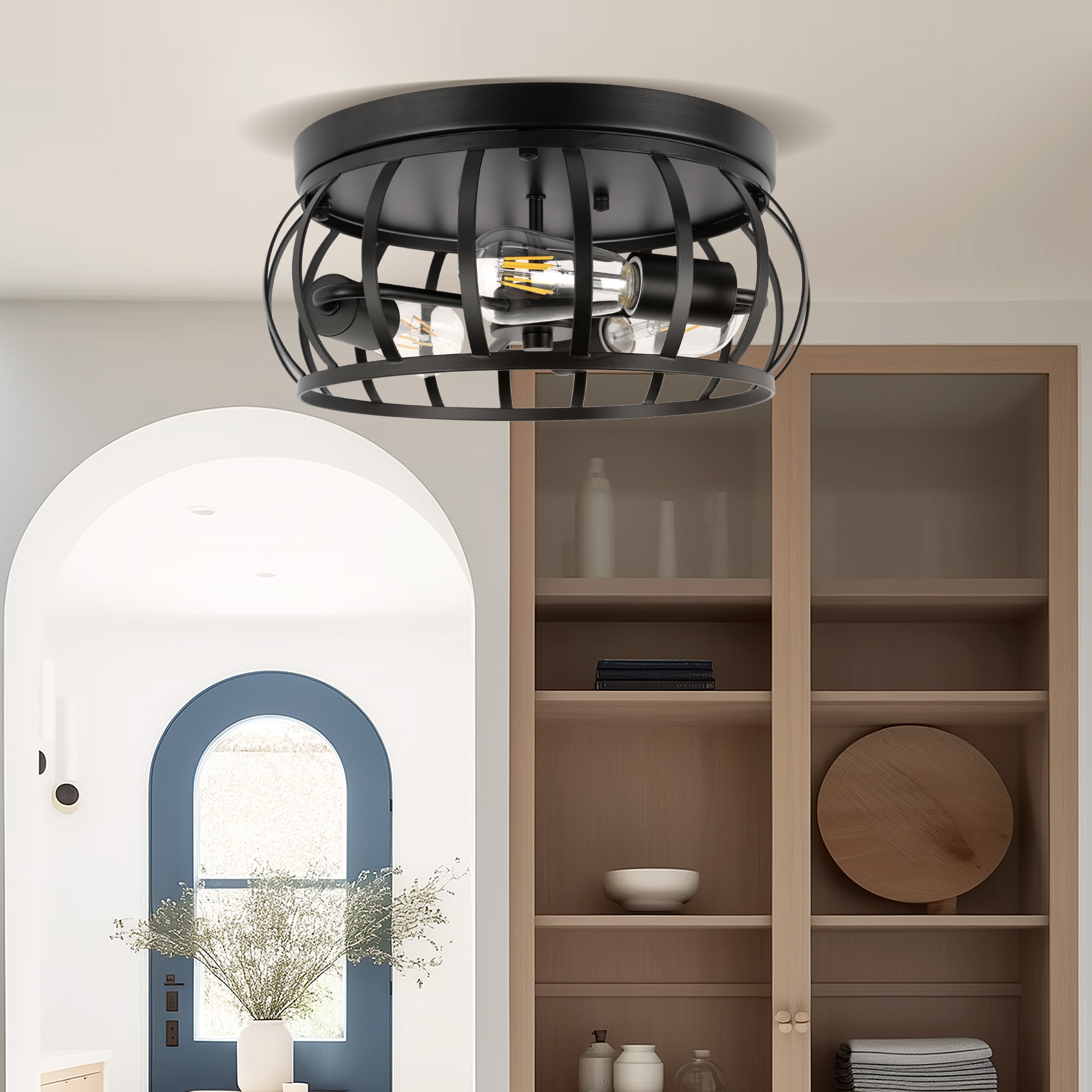 YANSUN LA-QX06701CBL-1A 3 -Light 14.2-in Matte Black Semi Flush Mount Light