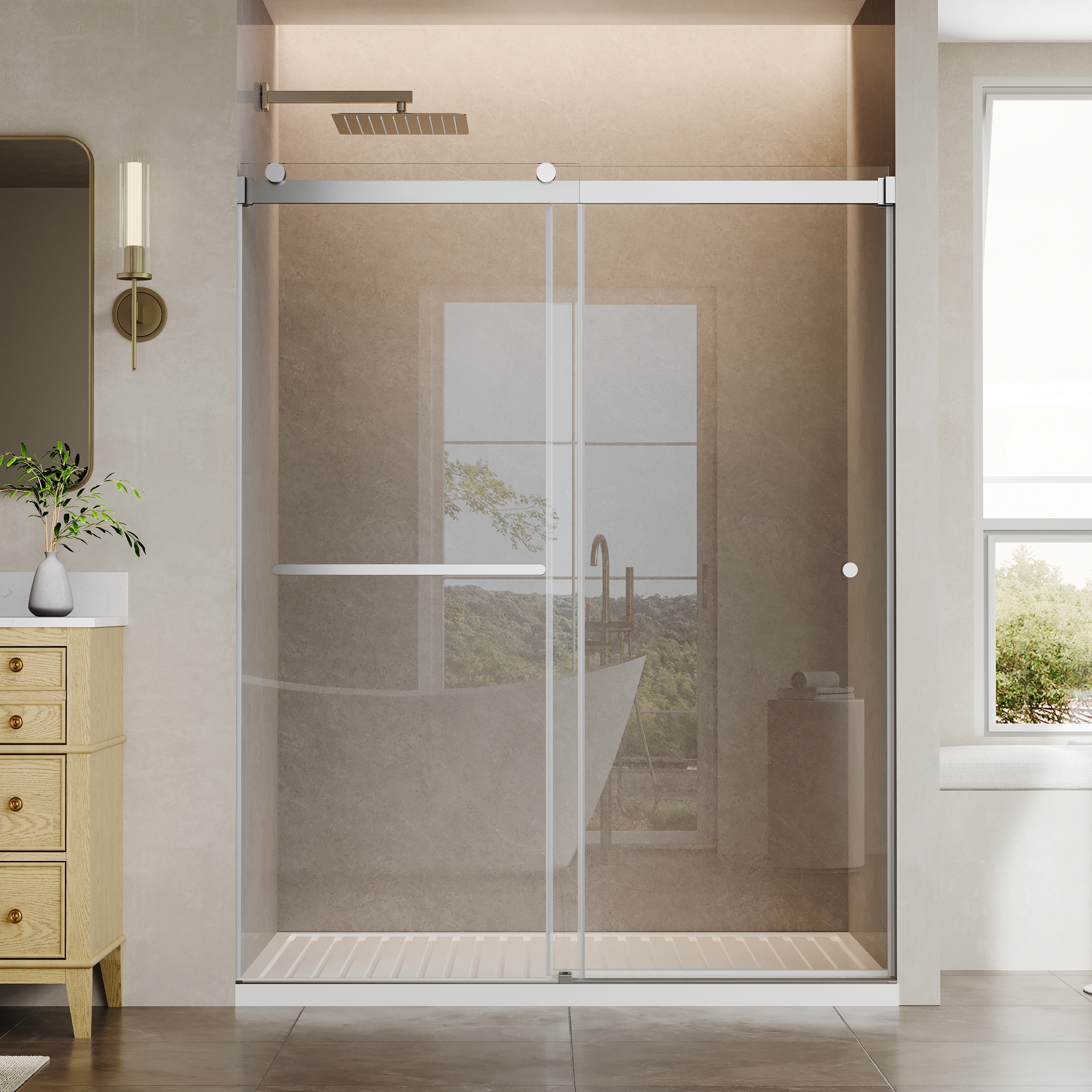 WELLFOR GY Track Sliding Shower Door Brushed Nickel 56-in to 60-in W x 74-in H Frameless Clear Glass Bypass Sliding Soft Close Shower door