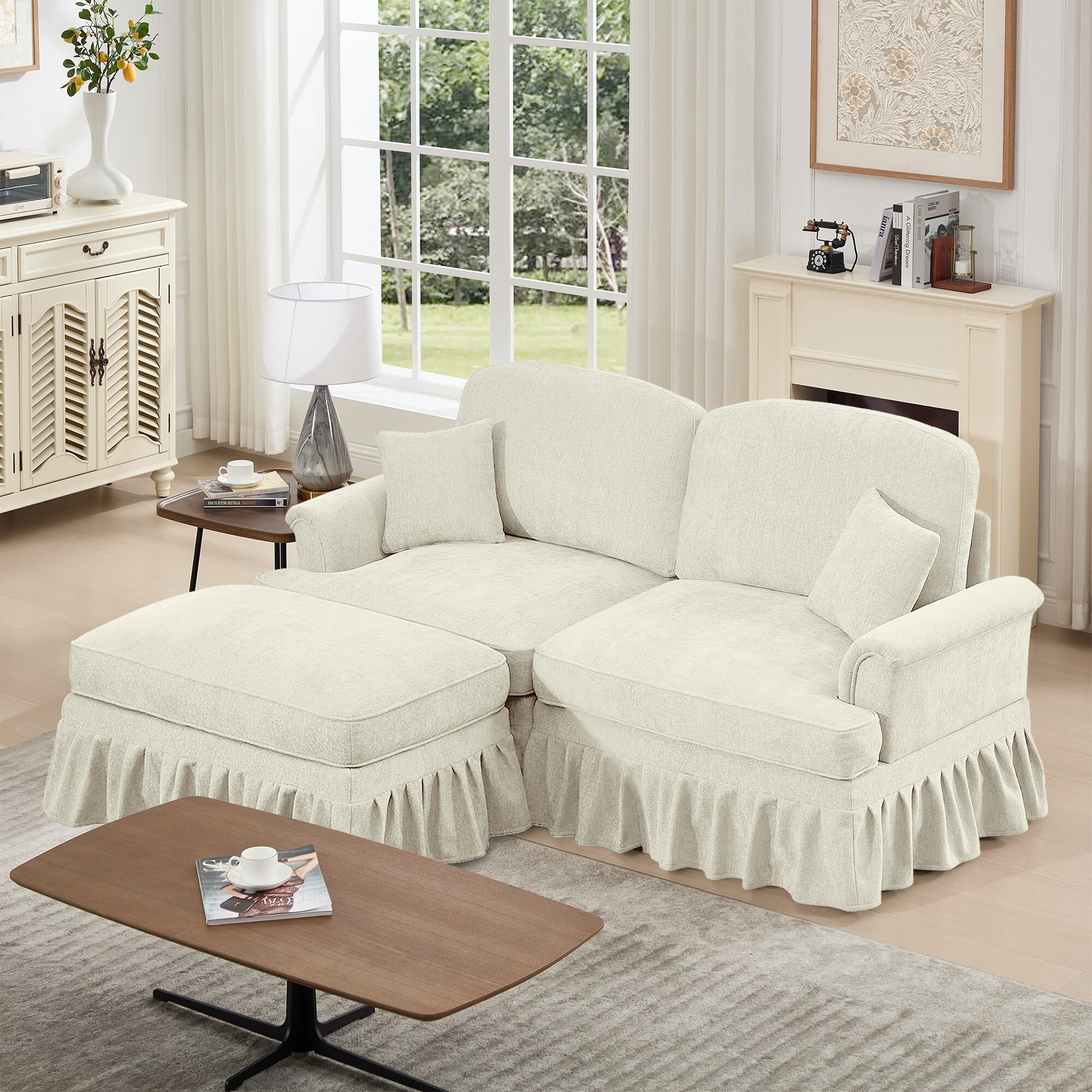 HyperDrop Cart Beige White Chenille Mid-Century Modular L-Shaped ...