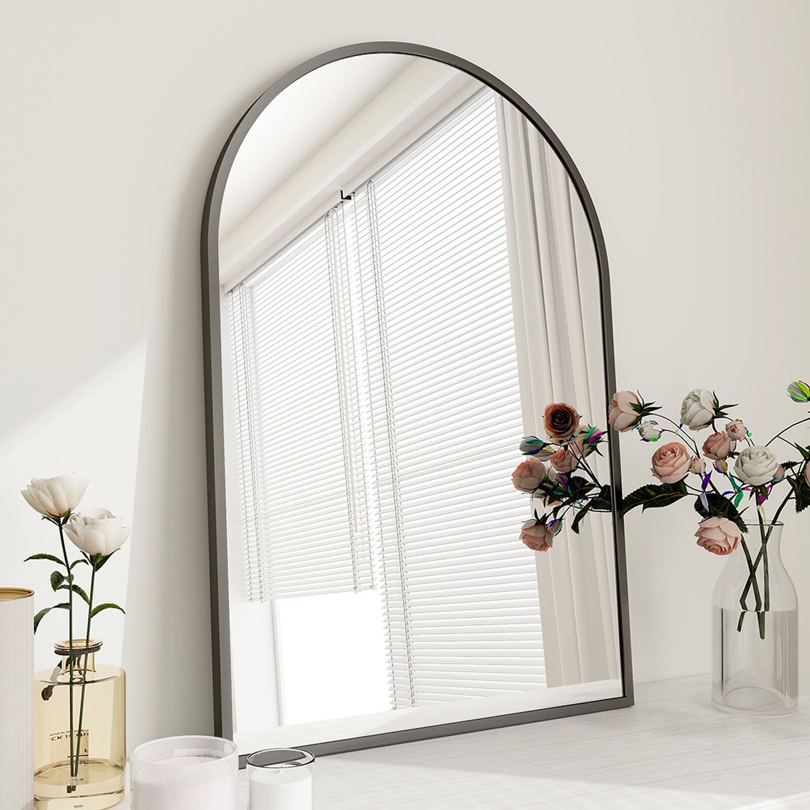 BEAUTYPEAK 26-in W x 37.8-in H Arch Black Framed Wall Mirror