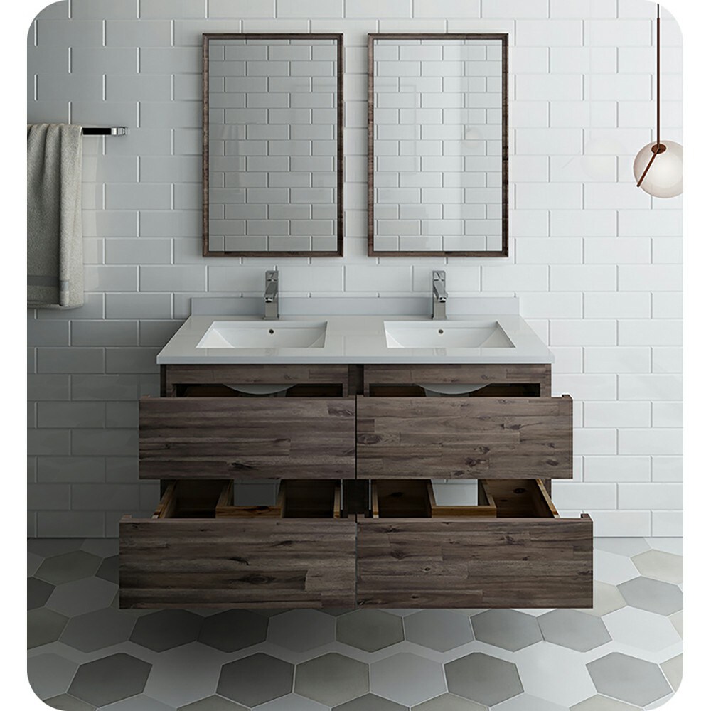 Transitional 48" Double Sink Wall-Mounted Vanity in Brown with Quartz Top
