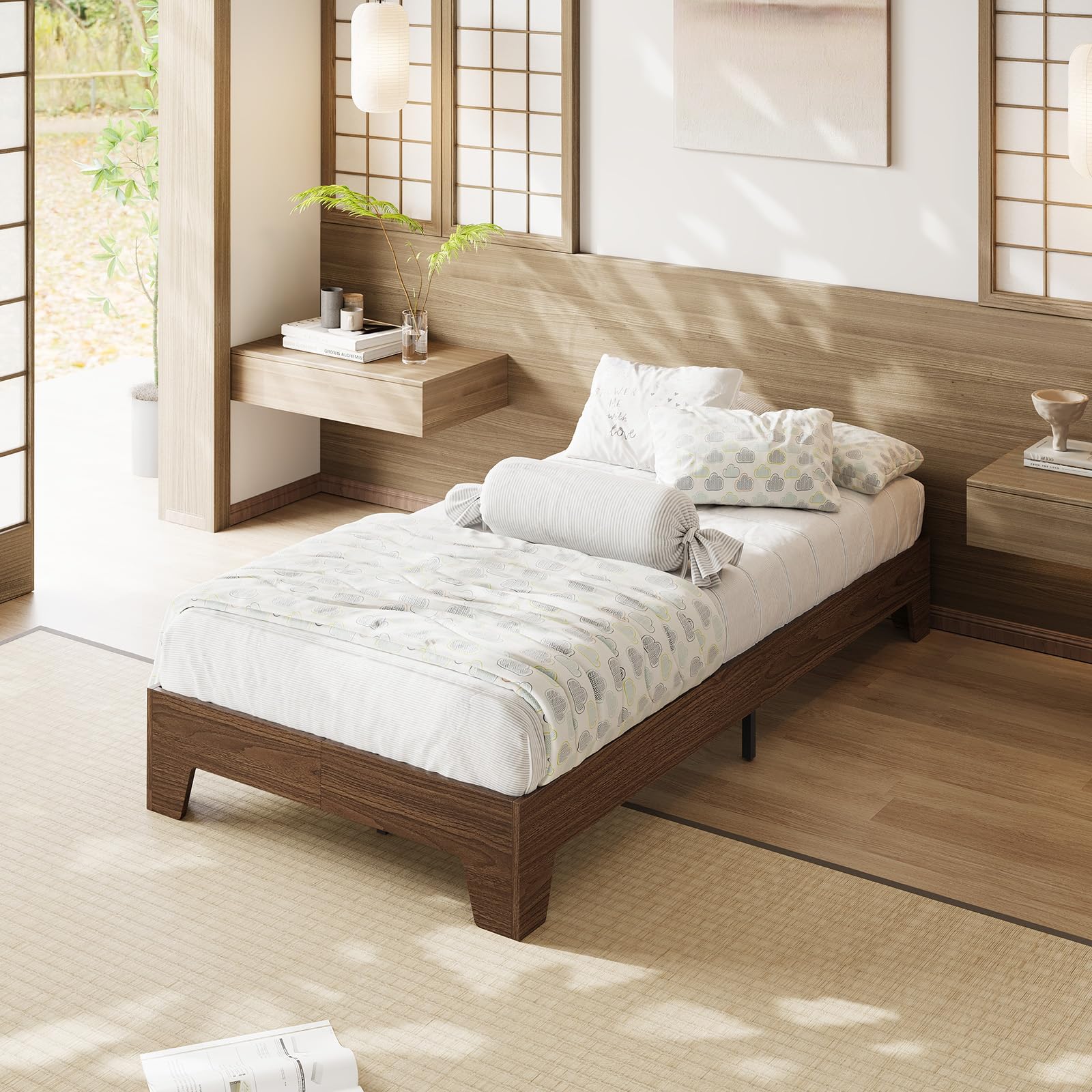 Twin Walnut Platform Bed Frame Bed Frame Wood Slat Support No Box Spring Needed Easy Assembly Noise Free Design Underbed Space for Storage