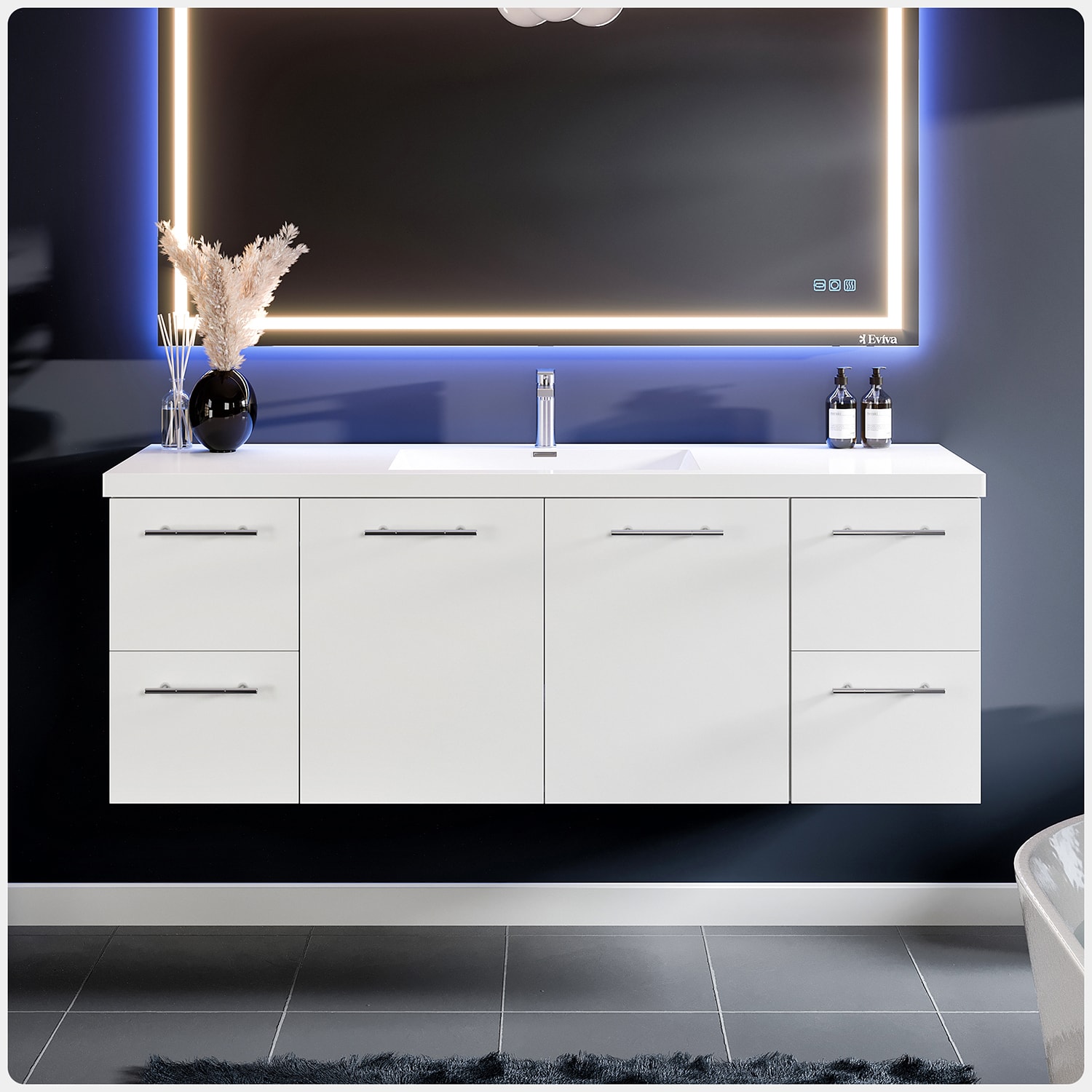 Eviva EVVN402-60WH Axel 60-in White Single sink Floating Bathroom Vanity with White Acrylic Top