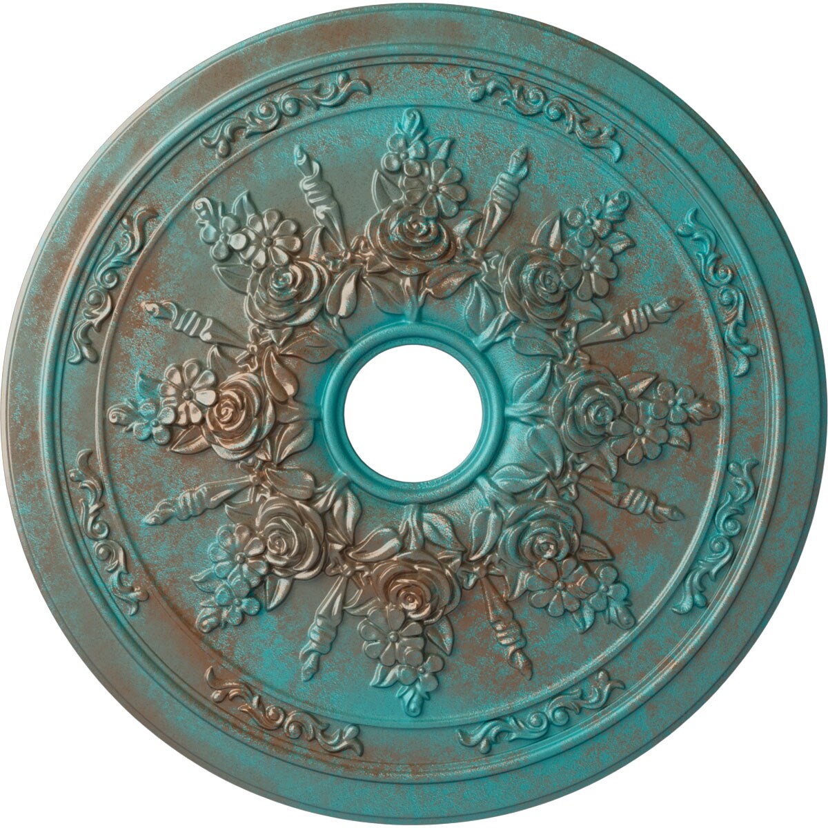 Ekena Millwork CM23ROCGS Rose and Ribbon 23.625-in W x 23.625-in L Painted Copper Green Patina Polyurethane Whole Ceiling Medallion