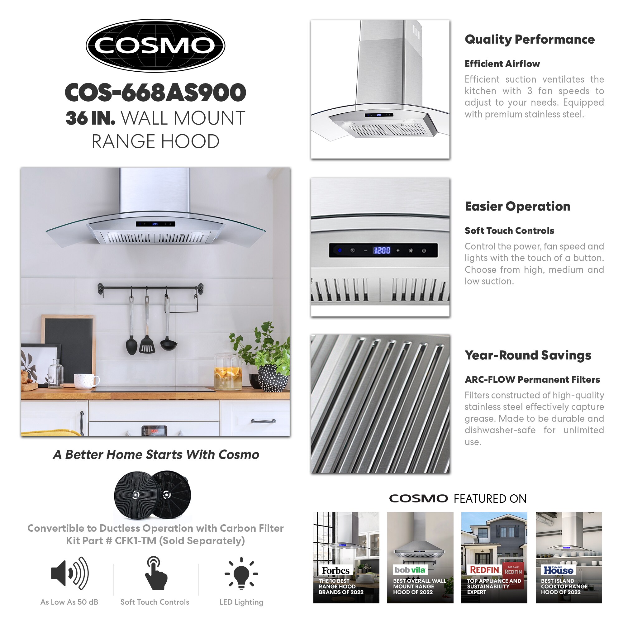 Cosmo 36in Ducted Stainless Steel WallMounted Range Hood in the Wall