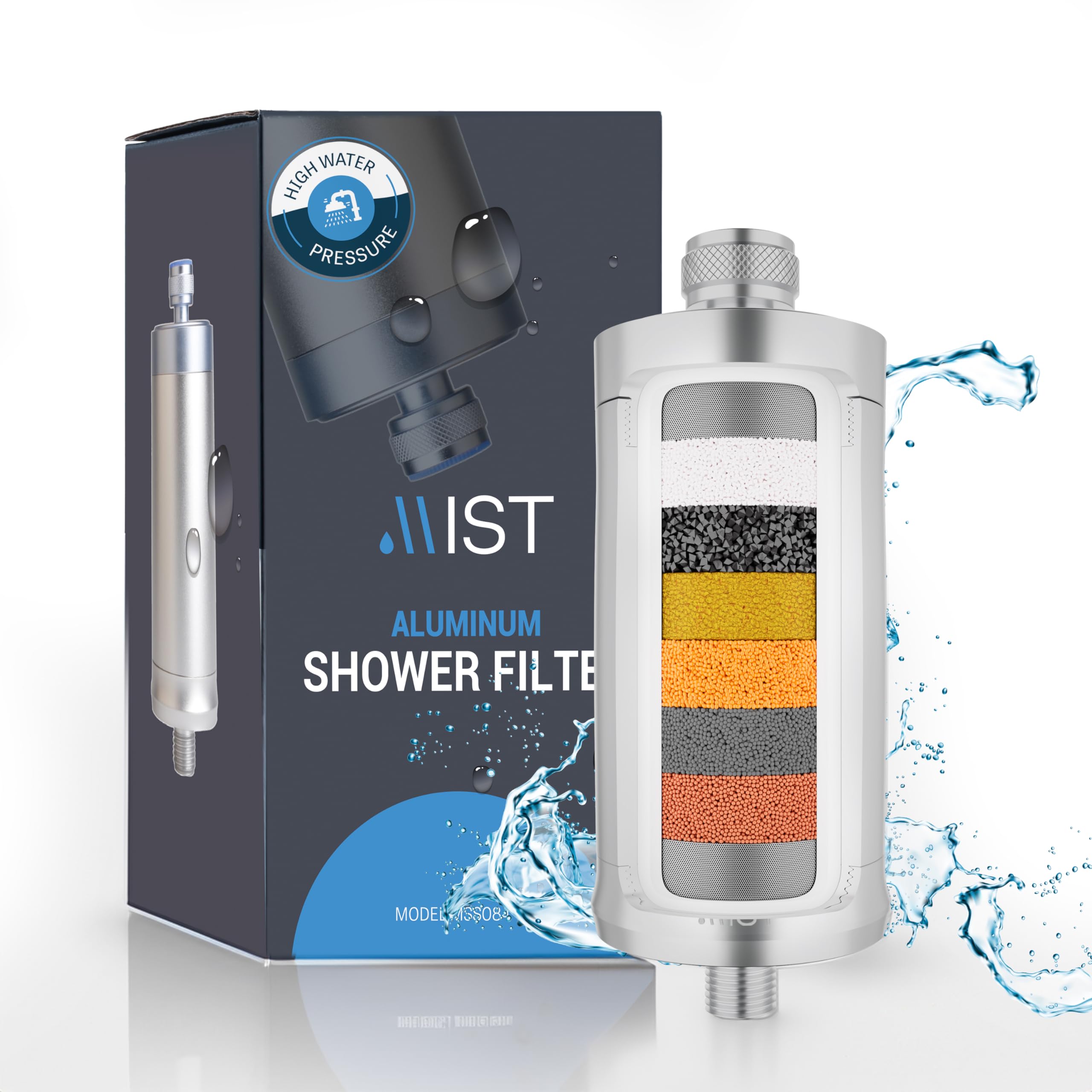 Mist MSS084 Aluminum Shower Filter, Effectively Removes Chlorine and Bad Odor, Easy Install Aluminum Carbon block Shower Head Filter 6-Months -Filter Life