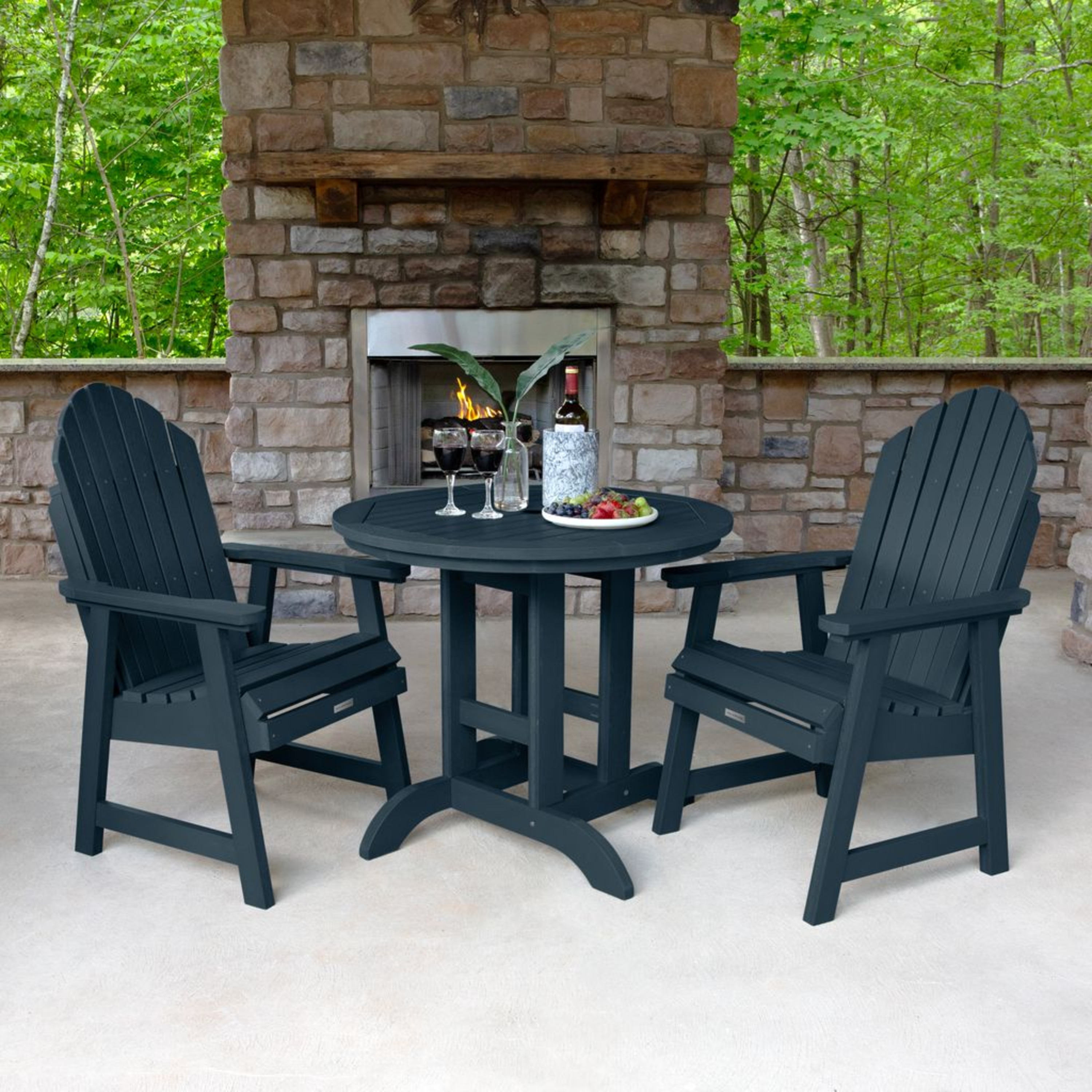 highwood AD-DNA36-FBE The Adirondack 3 -Piece Federal Blue Patio Dining Set Plastic Round Table with 2 Stationary Chairs