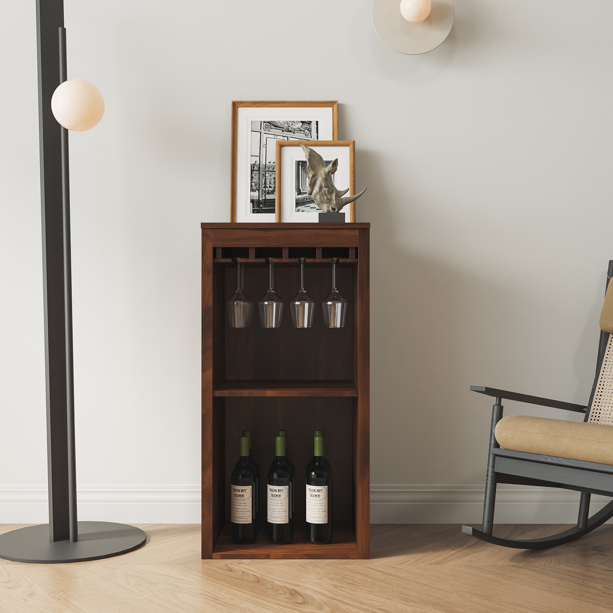 Misty Moon Walnut Brown 35in H x 18in W x 16in D Modular Wine Bar Cabinet Freestanding Storage Cabinet with Open Shelves and Wine Rack for Dining Room Living Room