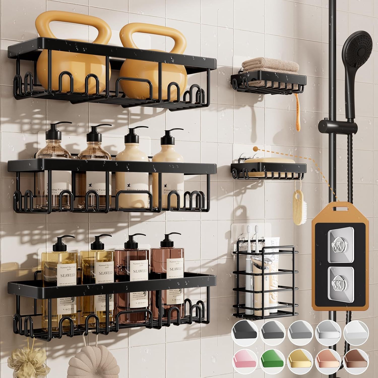 JUSHUA 6-Pack Advanced Rustproof Design No Drilling Adhesive Shelves Rack with Soap Holder Large Capacity Bathroom Organizers and Storage