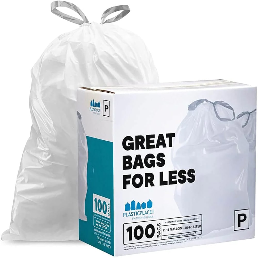 Plasticplace Custom Fit Trash Bags simplehuman Code P Compatible (100 Count) White Drawstring Garbage Liners 13-16 Gallon / 50-60 Liter 23.75 inch x