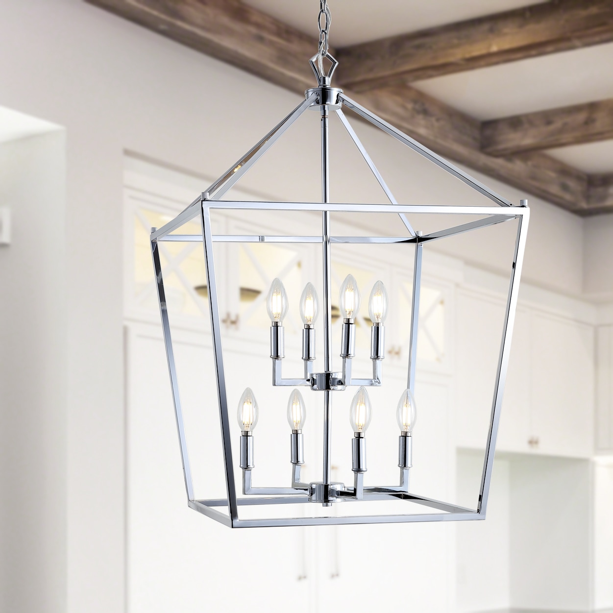 JONATHAN  Y JYL7438C Pagoda 20" Metal Classic Traditional 8 -Light Chrome Farmhouse Lantern Medium Hanging Kitchen island light