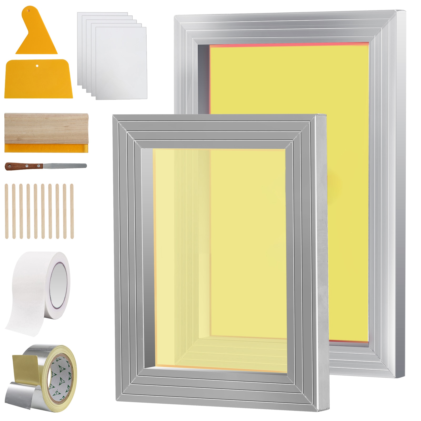 VEVOR SYKJZHCCG21109HX0V0 Screen Printing Kit 2 Pieces Aluminum Silk Screen Printing Frames 8x10/10x14in 110 Count Mesh 2 Tapes and Screen Printing Squeegees and Transparency Films for T-shirts DIY Printing
