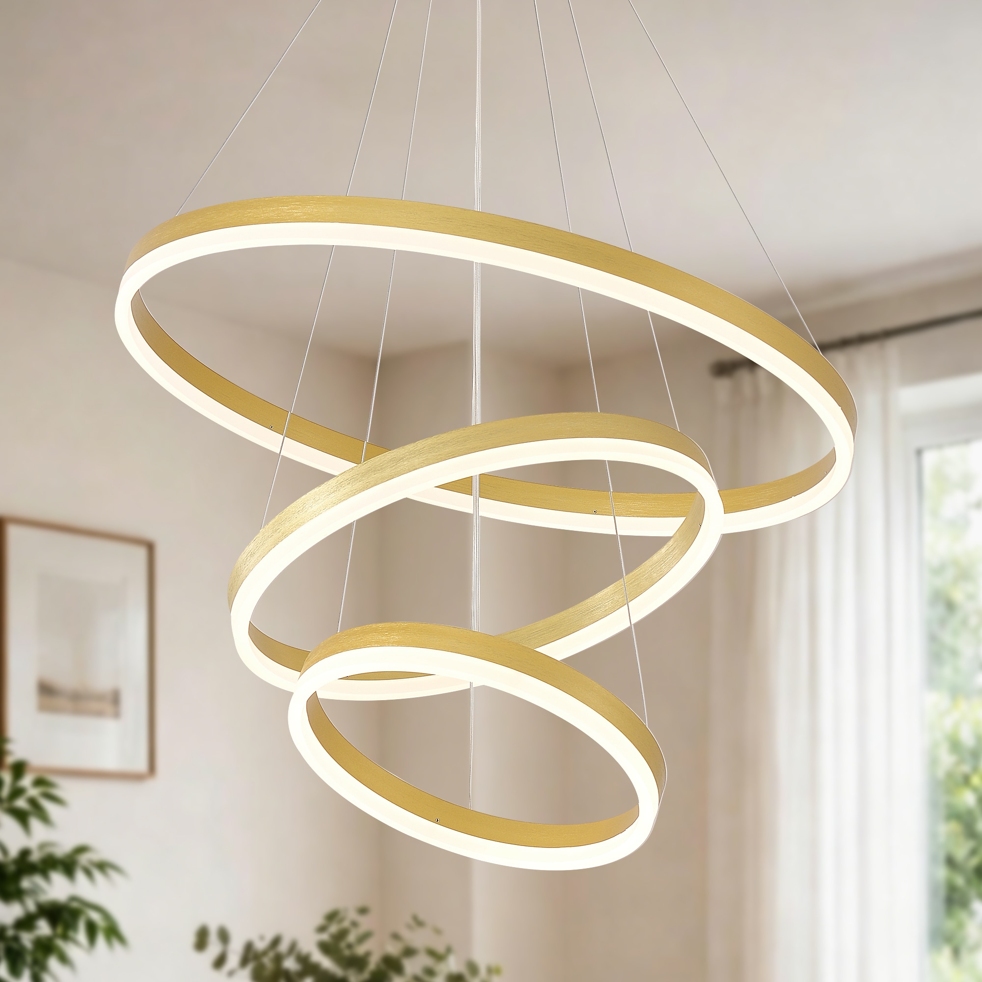 Zitrend 24-in Gold LED Chandelier 3-Ring Cascading Acrylic Modern Light Fixture with Remote Control for Dining Room Living Room Foyer and Staircase