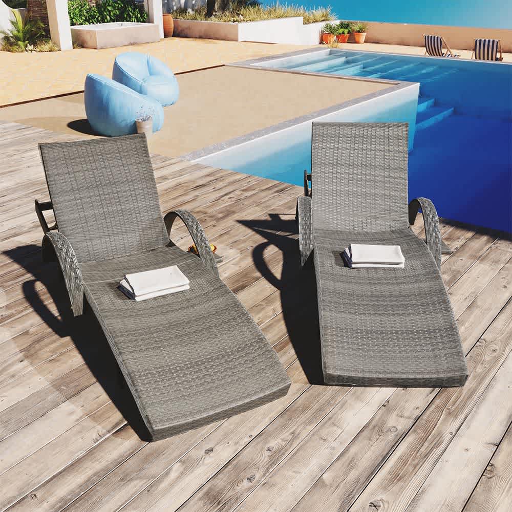 JUJABU DINSET-13 Grey Outdoor Wicker Long Reclining Chair Set of 2 with CushionsRecliner up to 150 degree Beach