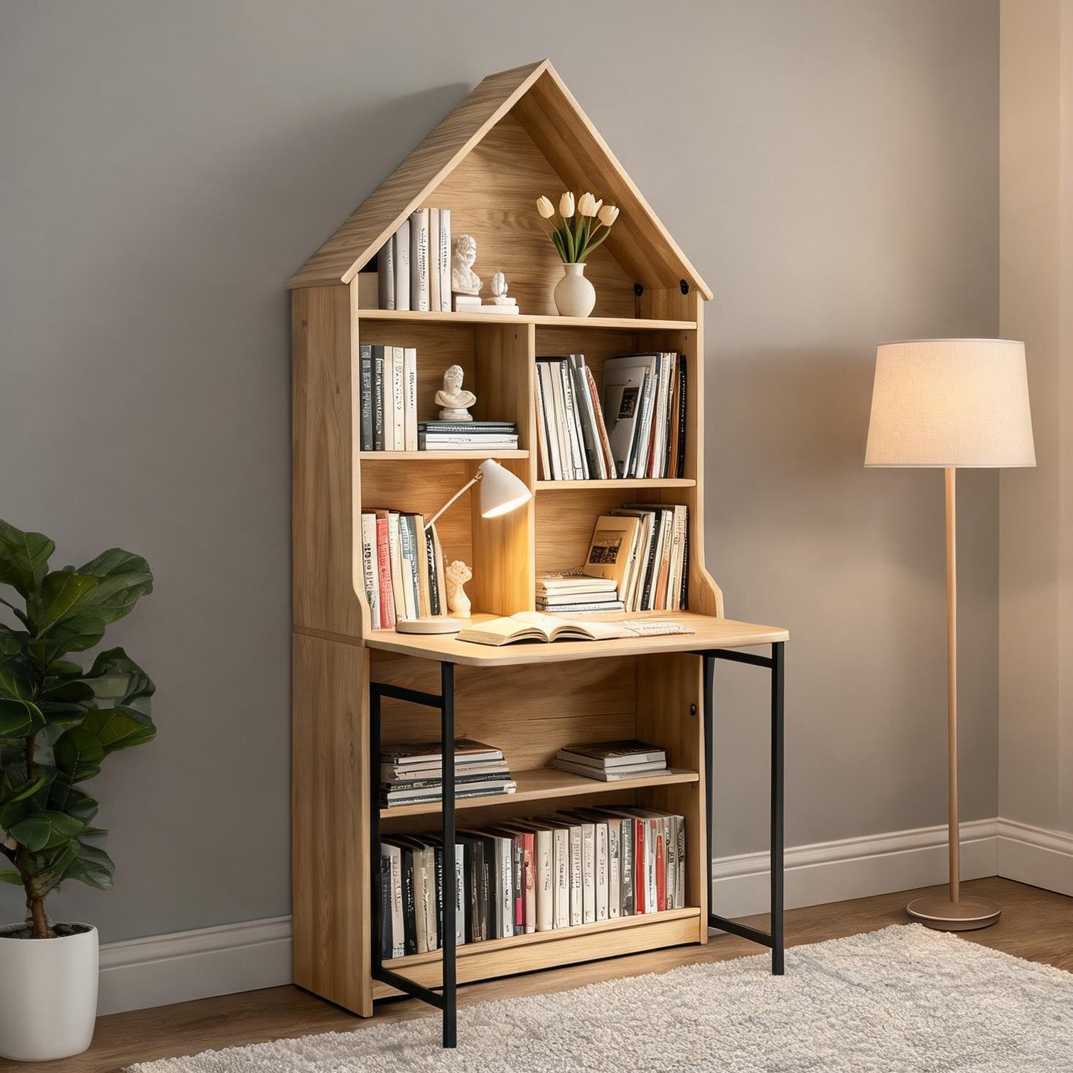 Watnature Convertible Folding Desk with Storage Shelves Warm Natural MDF Space-Saving Wall Mount