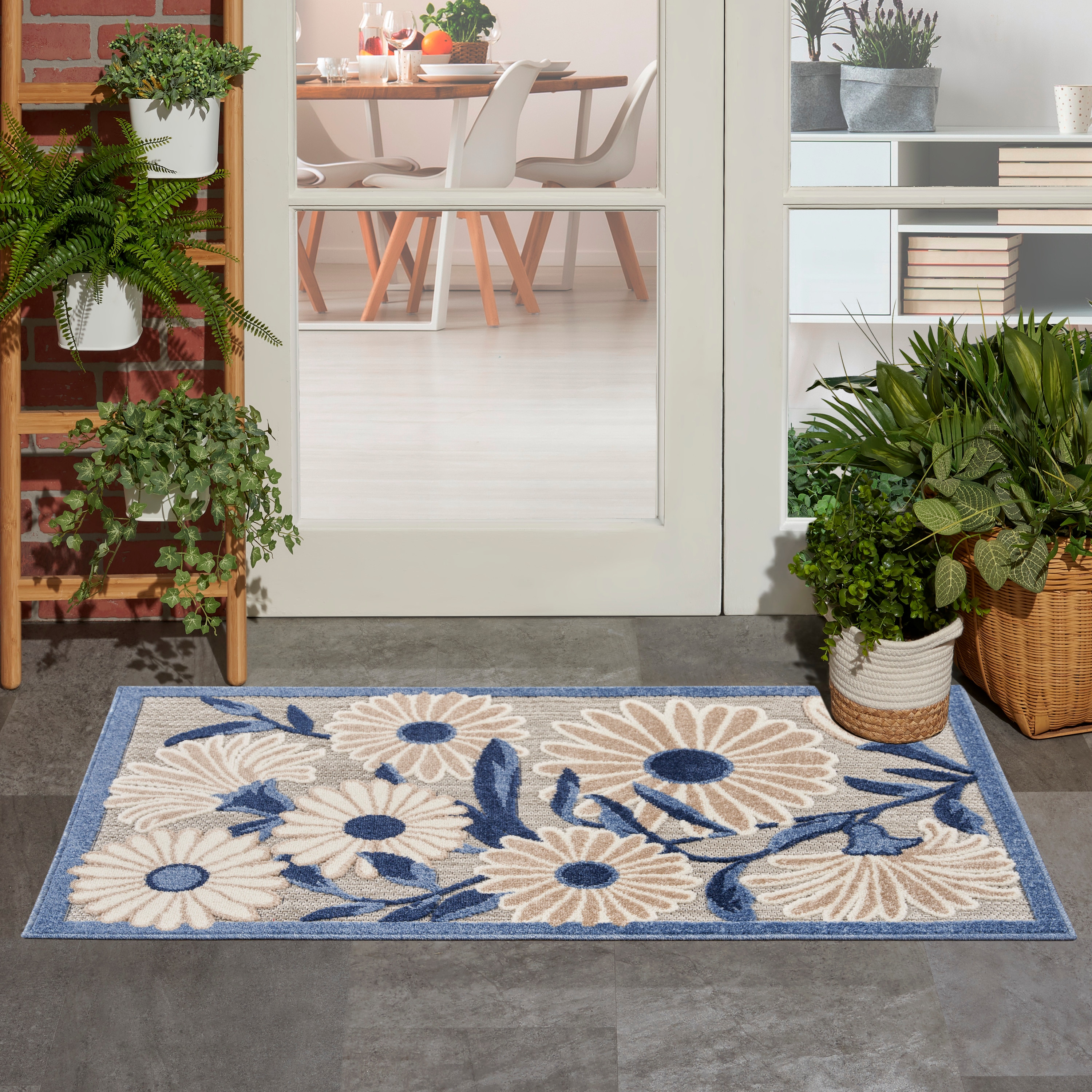 Aloha Daisy Flower Blue/Grey Floral Flatwoven Rug 2'8" x 4'